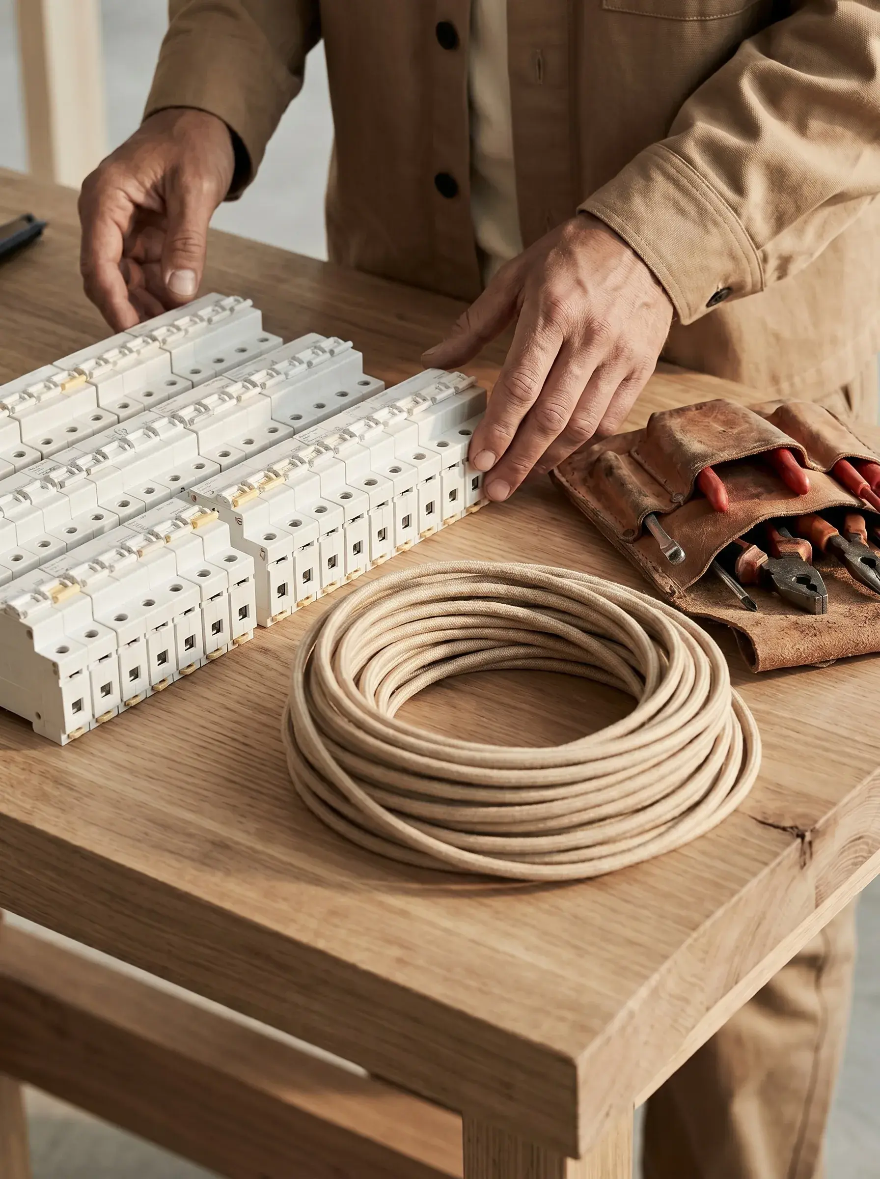 Mains alignant une rangée de disjoncteurs près d'un câble textile beige sur une table en chêne