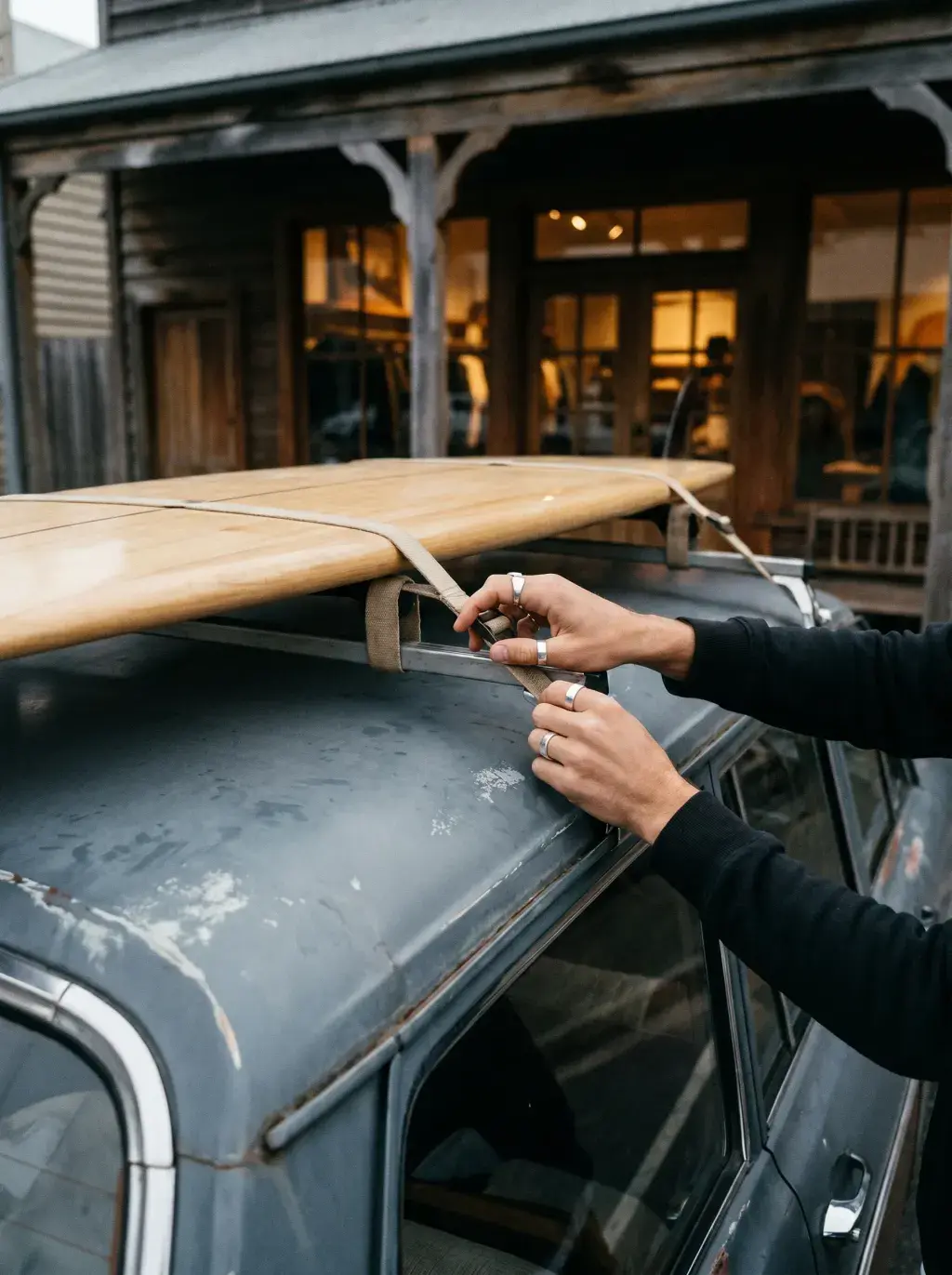 Mains attachant une planche de surf en bois sur le toit d'une voiture vintage avec sangles