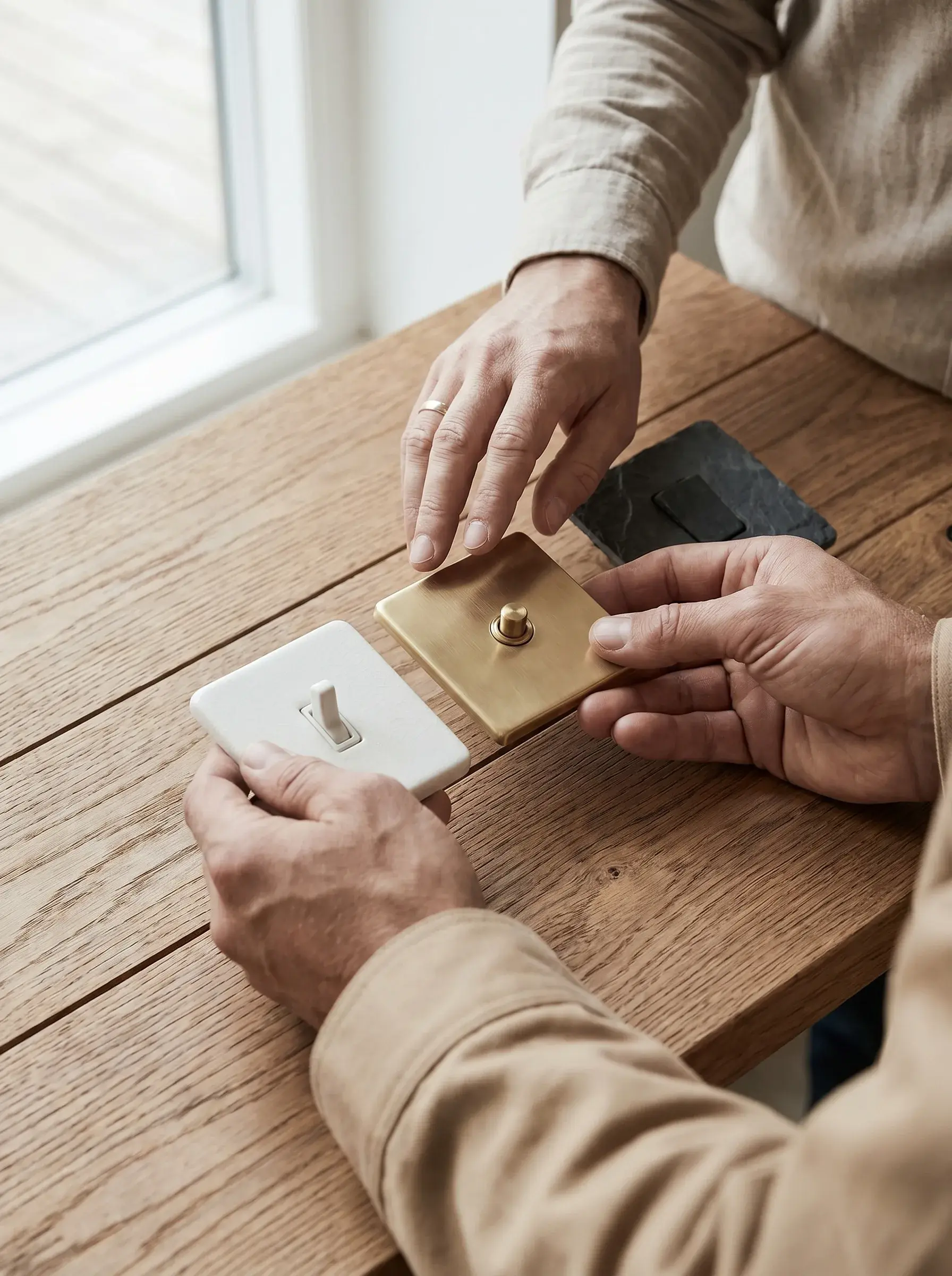 Mains comparant un interrupteur en porcelaine et un interrupteur en laiton sur une table en chêne