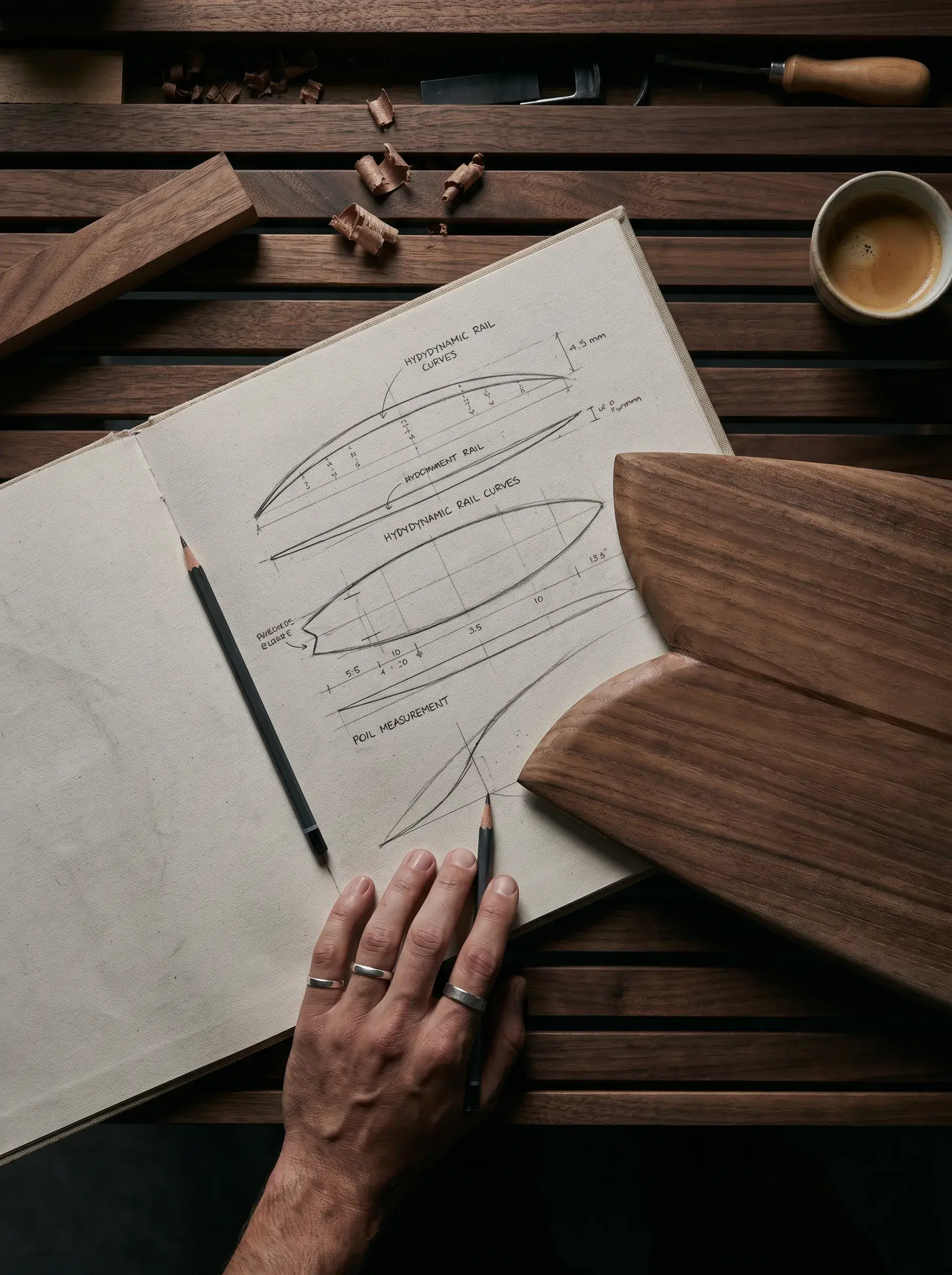 Mains consultant des plans de forme de planche de surf dans un atelier de shaping
