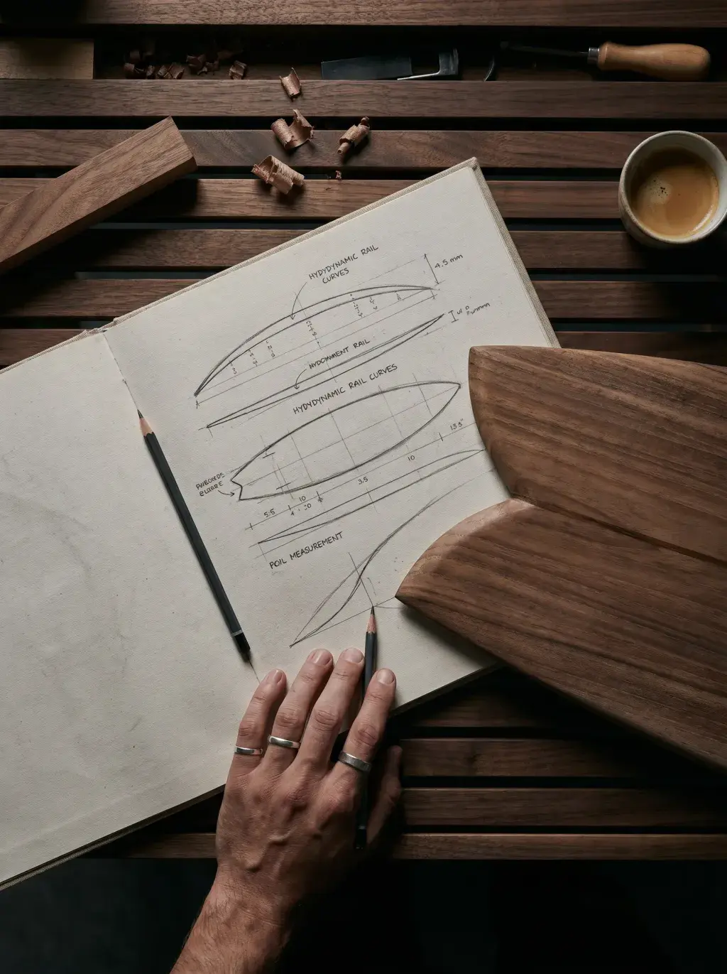Mains consultant des plans de forme de planche de surf dans un atelier de shaping