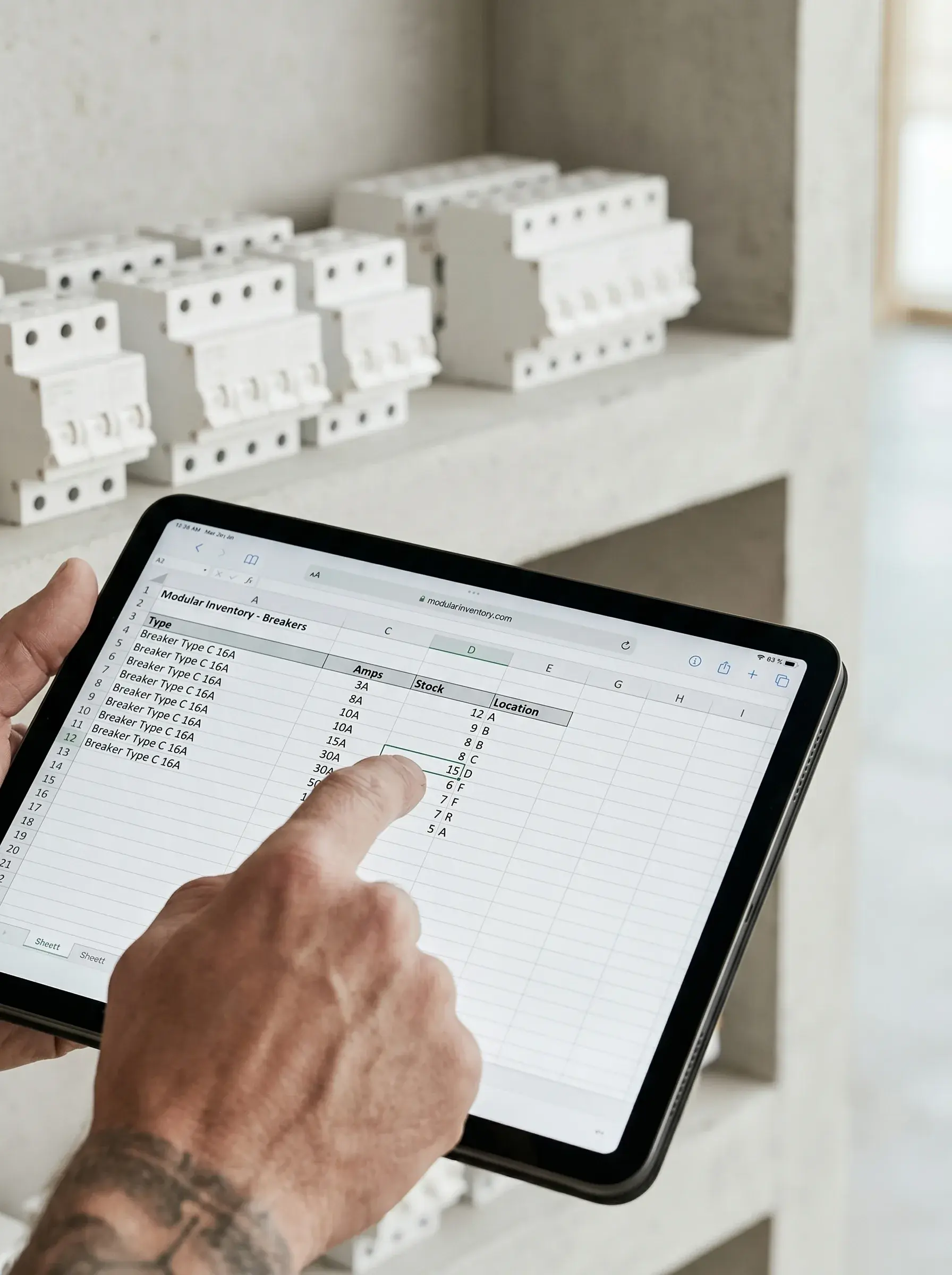 Mains consultant un tableur d'inventaire de disjoncteurs sur une tablette devant un rayonnage
