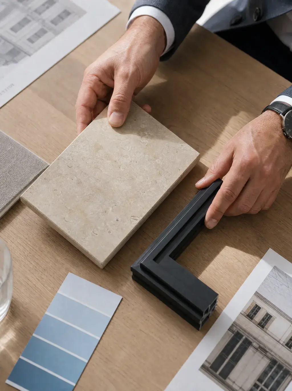 Mains d'architecte sélectionnant un échantillon de travertin avec nuancier bleu et profil de menuiserie