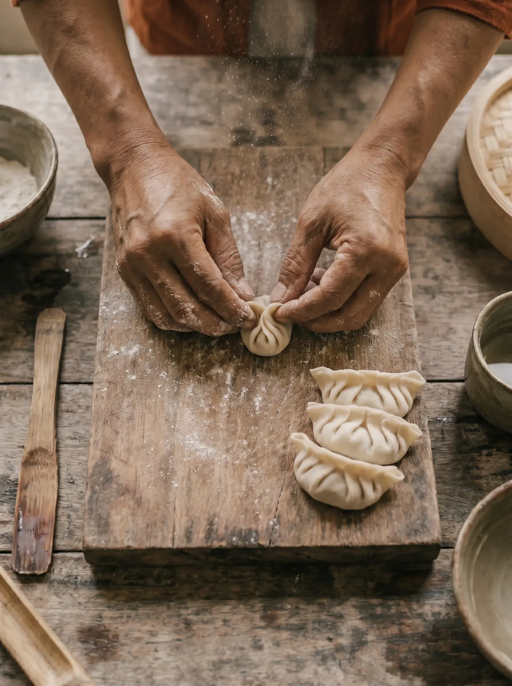 Mains d'artisan pinçant et pliant des dumplings sur planche farinée, raviolis formés à côté, panier vapeur en bambou