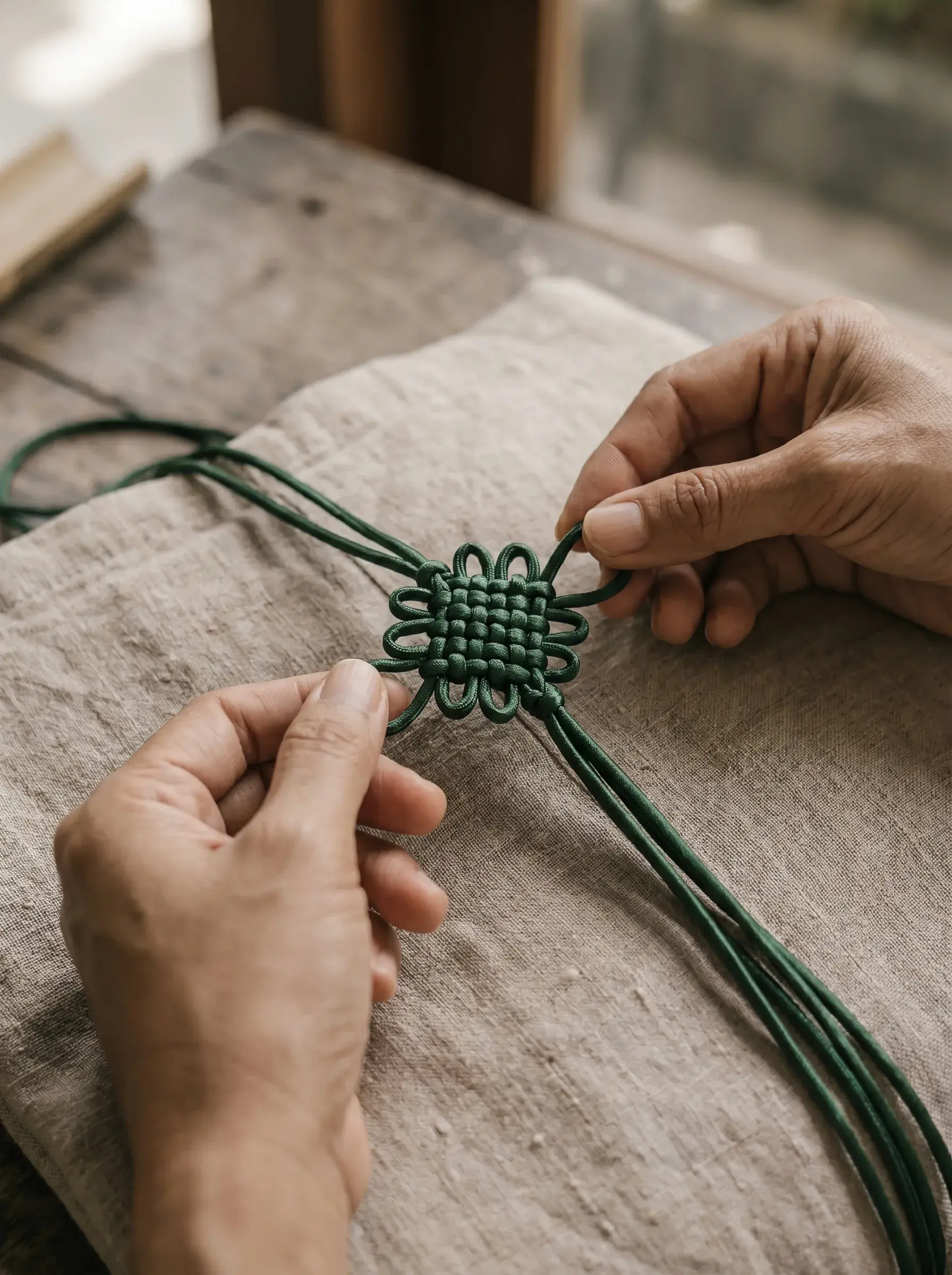 Mains d'artisan tressant un nœud décoratif chinois en cordon vert foncé sur tissu en lin naturel