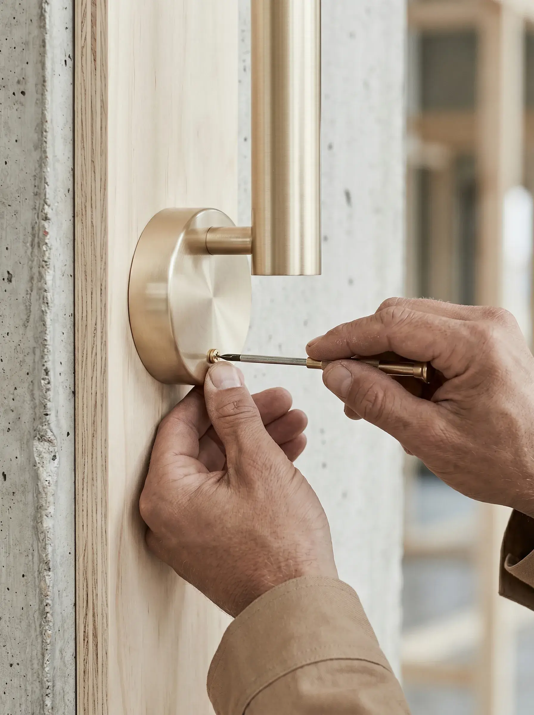 Mains d'artisan vissant le boîtier d'une applique en laiton doré sur un mur en bois