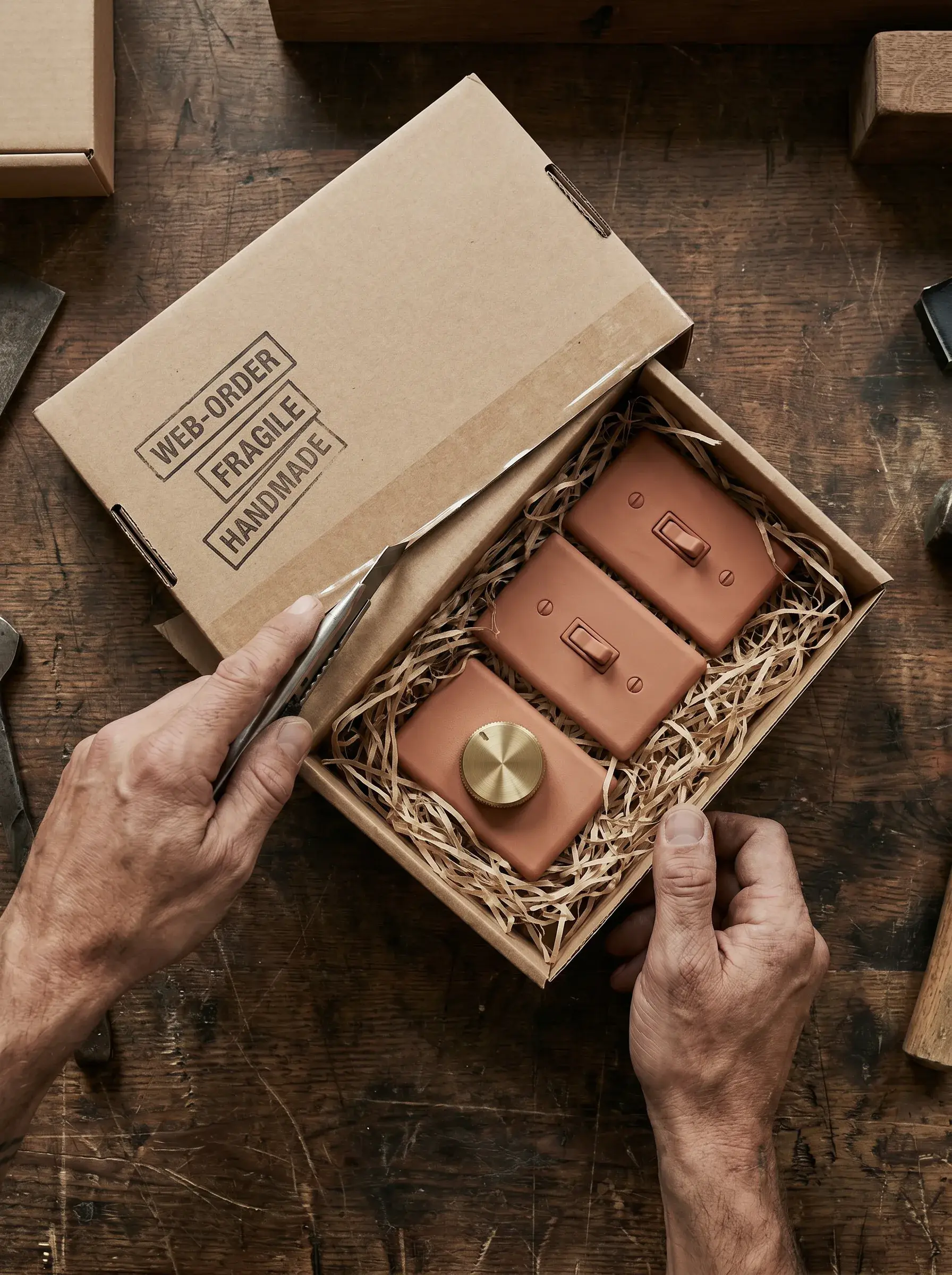 Mains déballant un coffret d'interrupteurs en terre cuite et laiton marqué fait main
