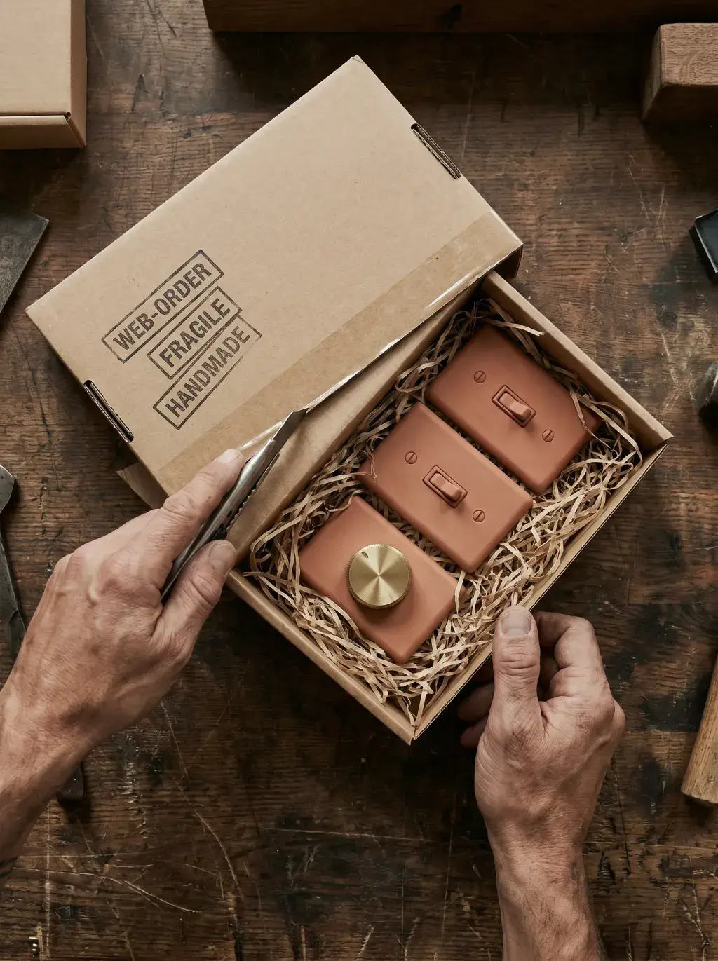Mains déballant un coffret d'interrupteurs en terre cuite et laiton marqué fait main