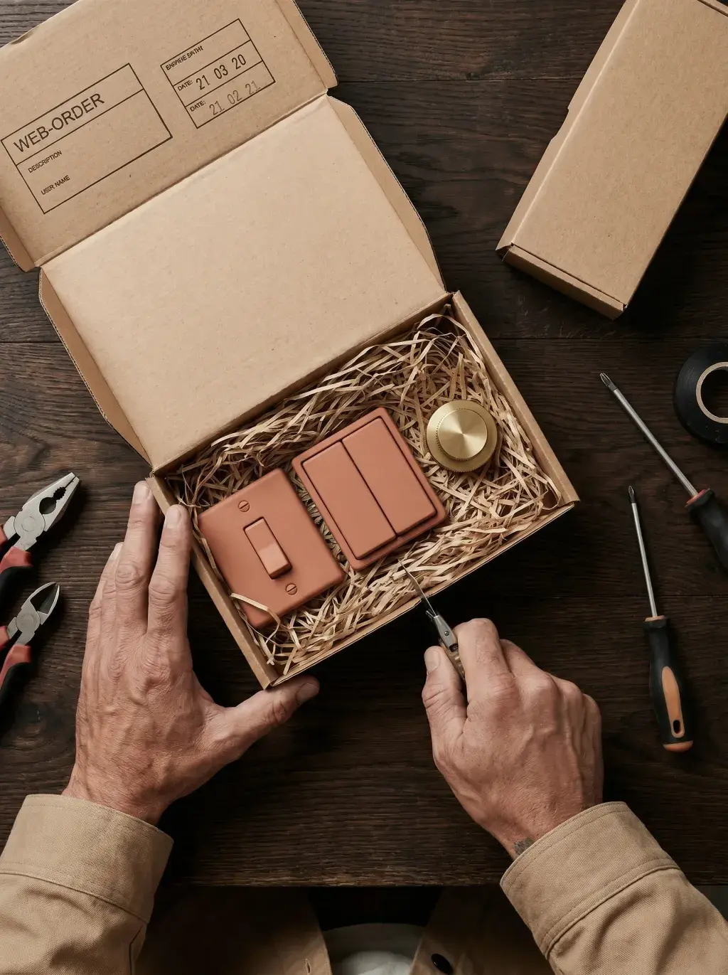 Mains déballant un coffret d'interrupteurs en terre cuite et variateur laiton avec des outils
