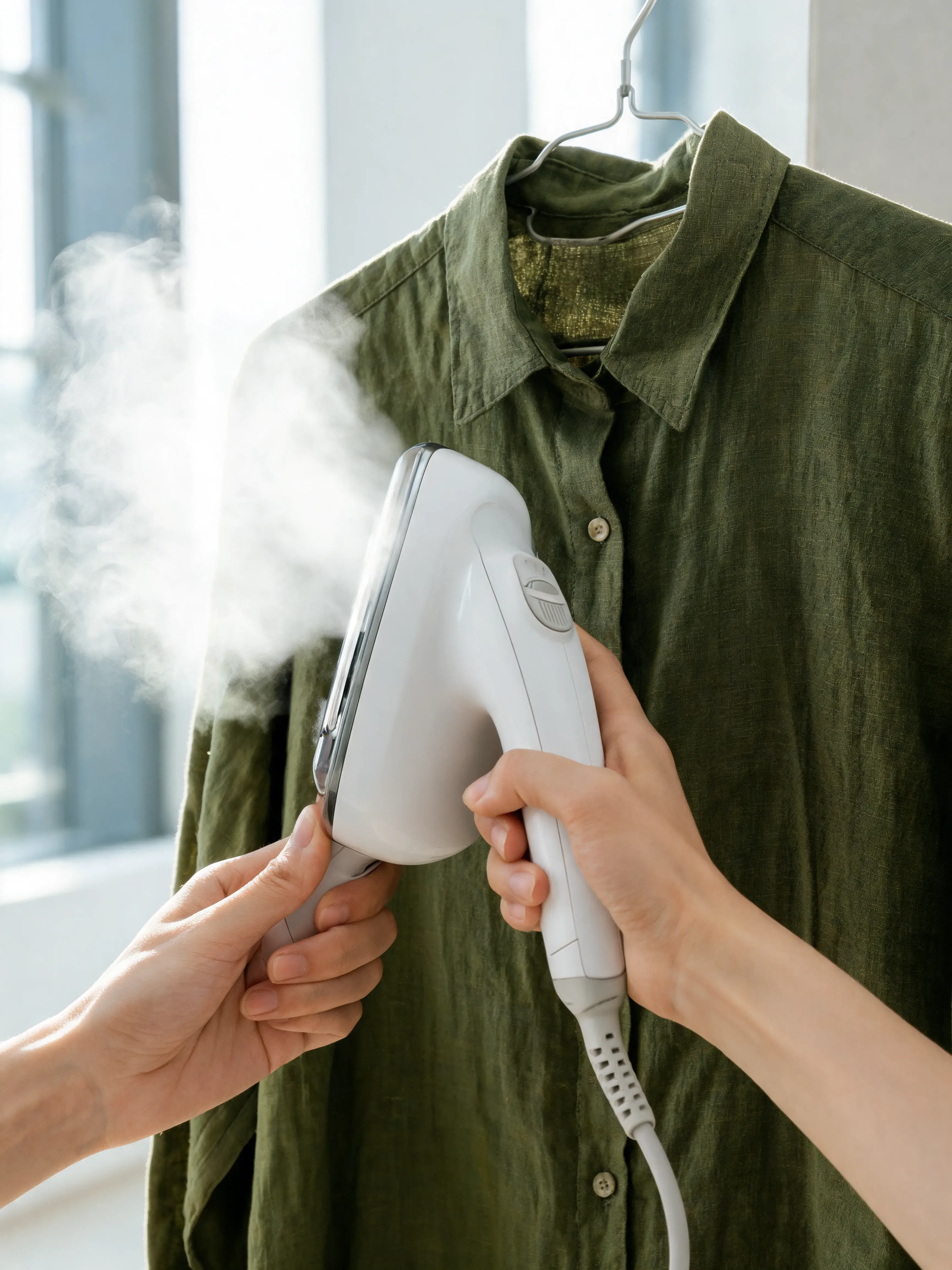 Mains défroissant à vapeur chemise lin vert sur cintre – appareil vapeur, soin vêtement, fenêtre