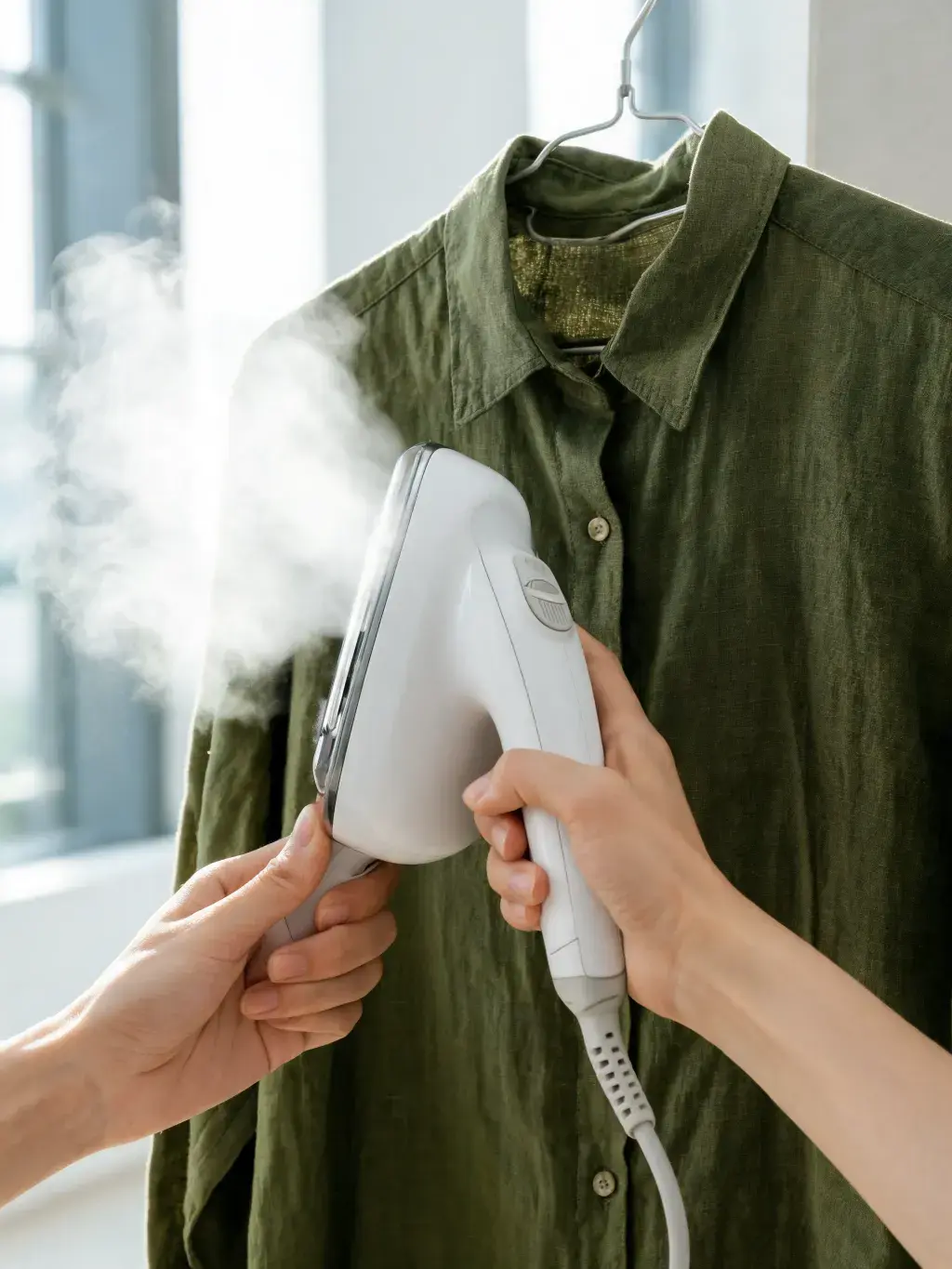 Mains défroissant à vapeur chemise lin vert sur cintre – appareil vapeur, soin vêtement, fenêtre