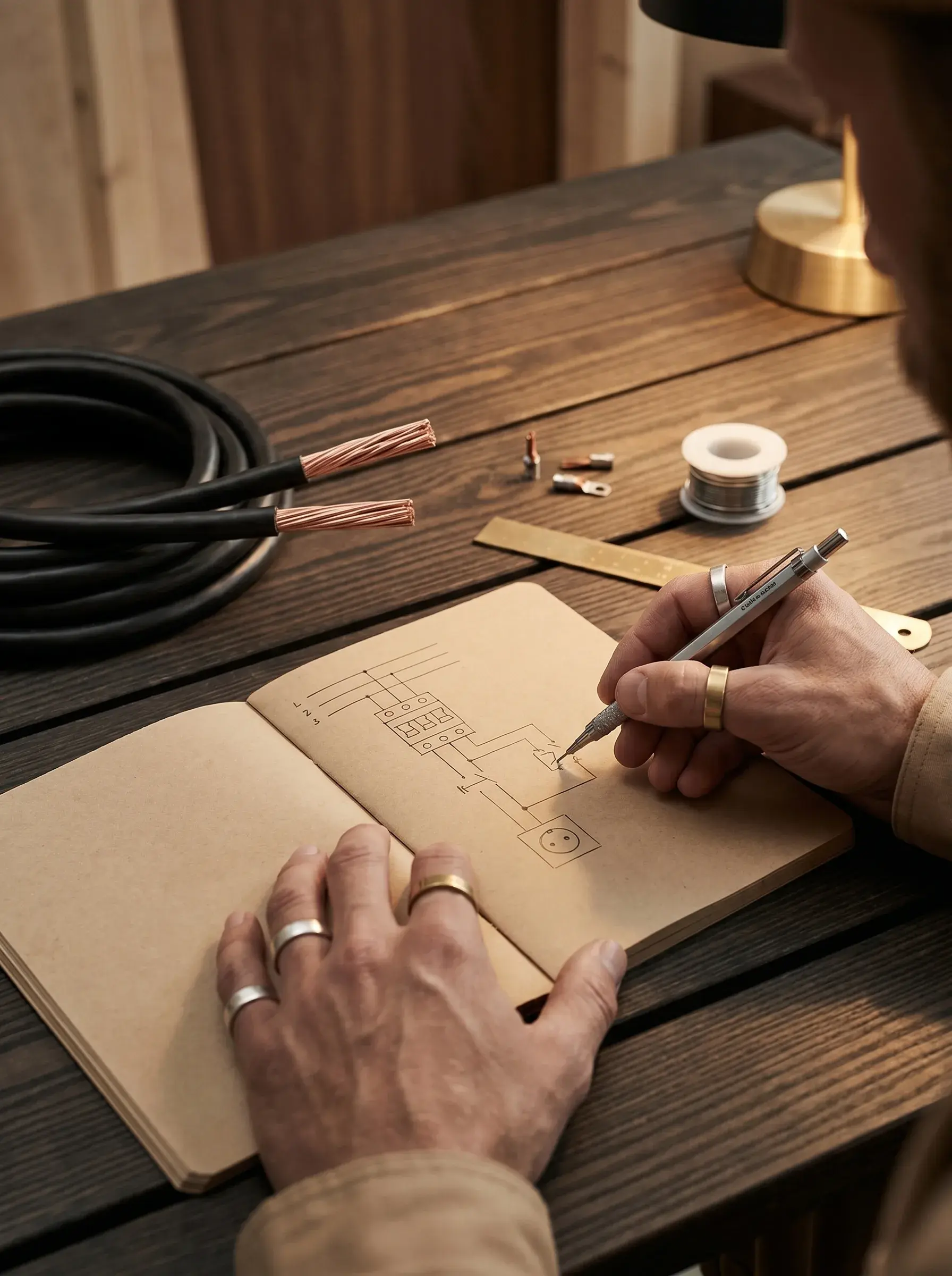 Mains dessinant un schéma électrique dans un carnet kraft près d'un câble en cuivre