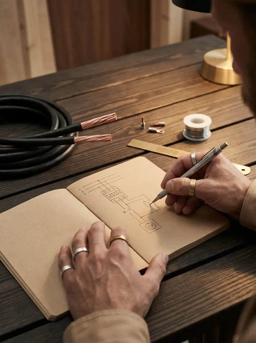 Mains dessinant un schéma électrique dans un carnet kraft près d'un câble en cuivre