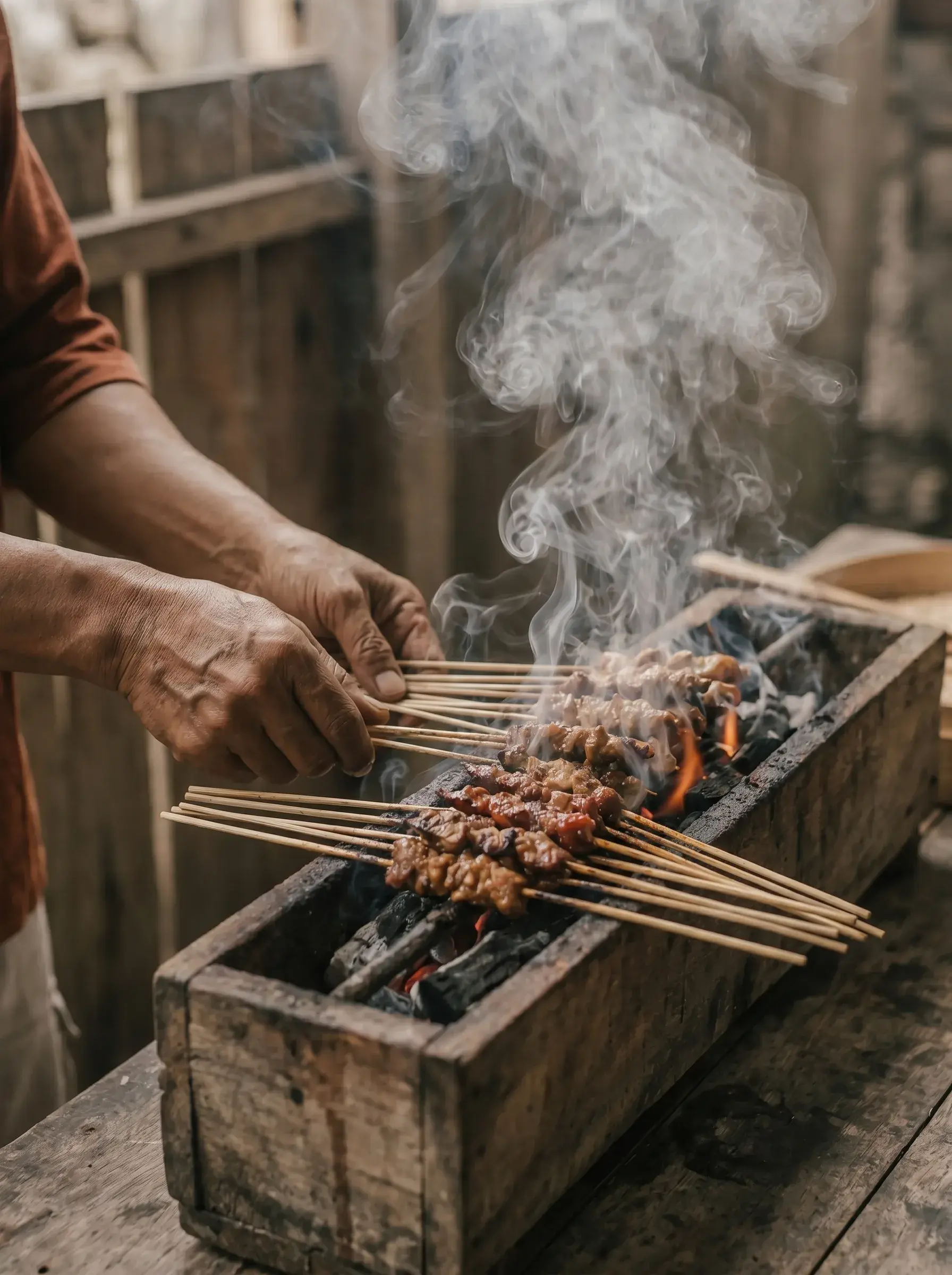 Mains disposant des brochettes de sate sur boîte-gril rustique en bois avec braises et fumée montante