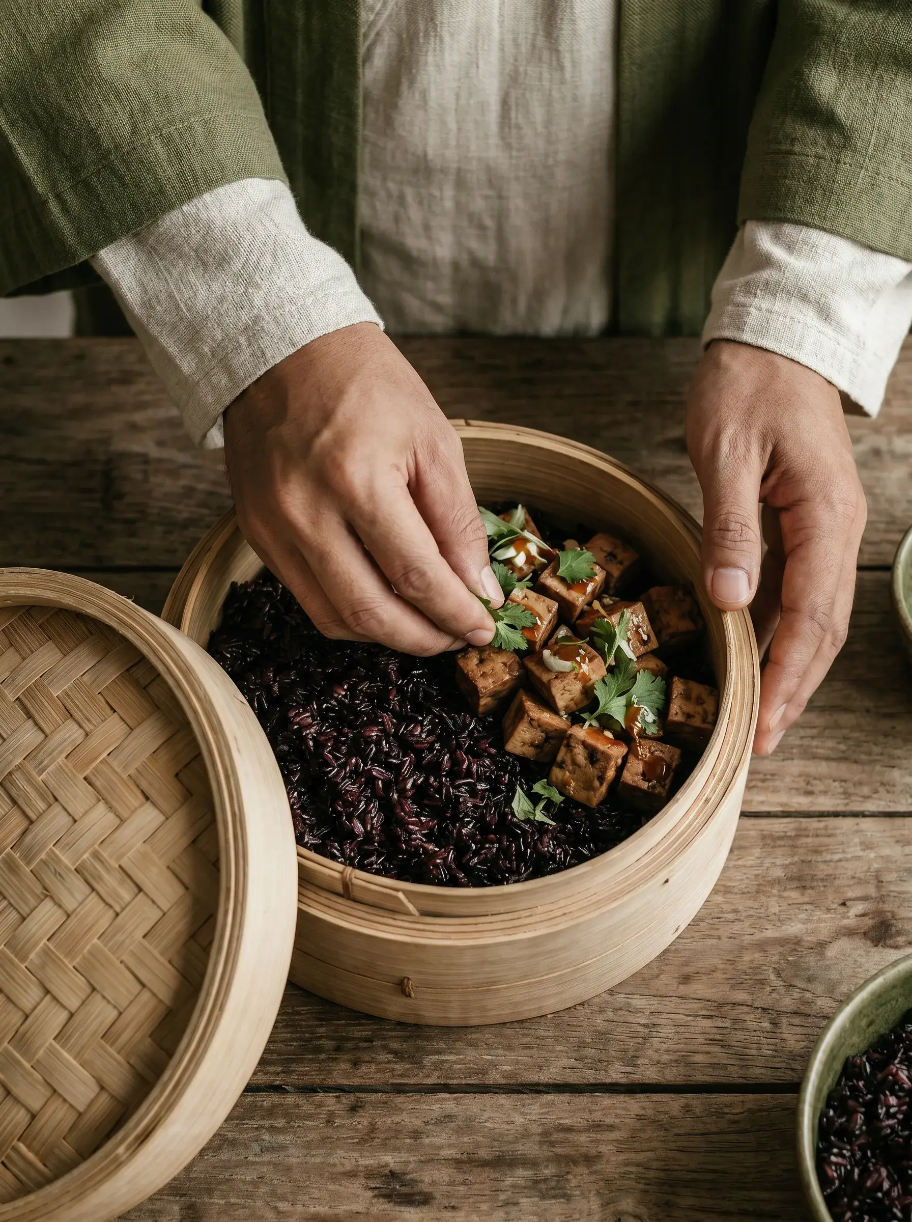 Mains dressant tofu et herbes dans cuiseur vapeur bambou avec riz noir – table bois rustique