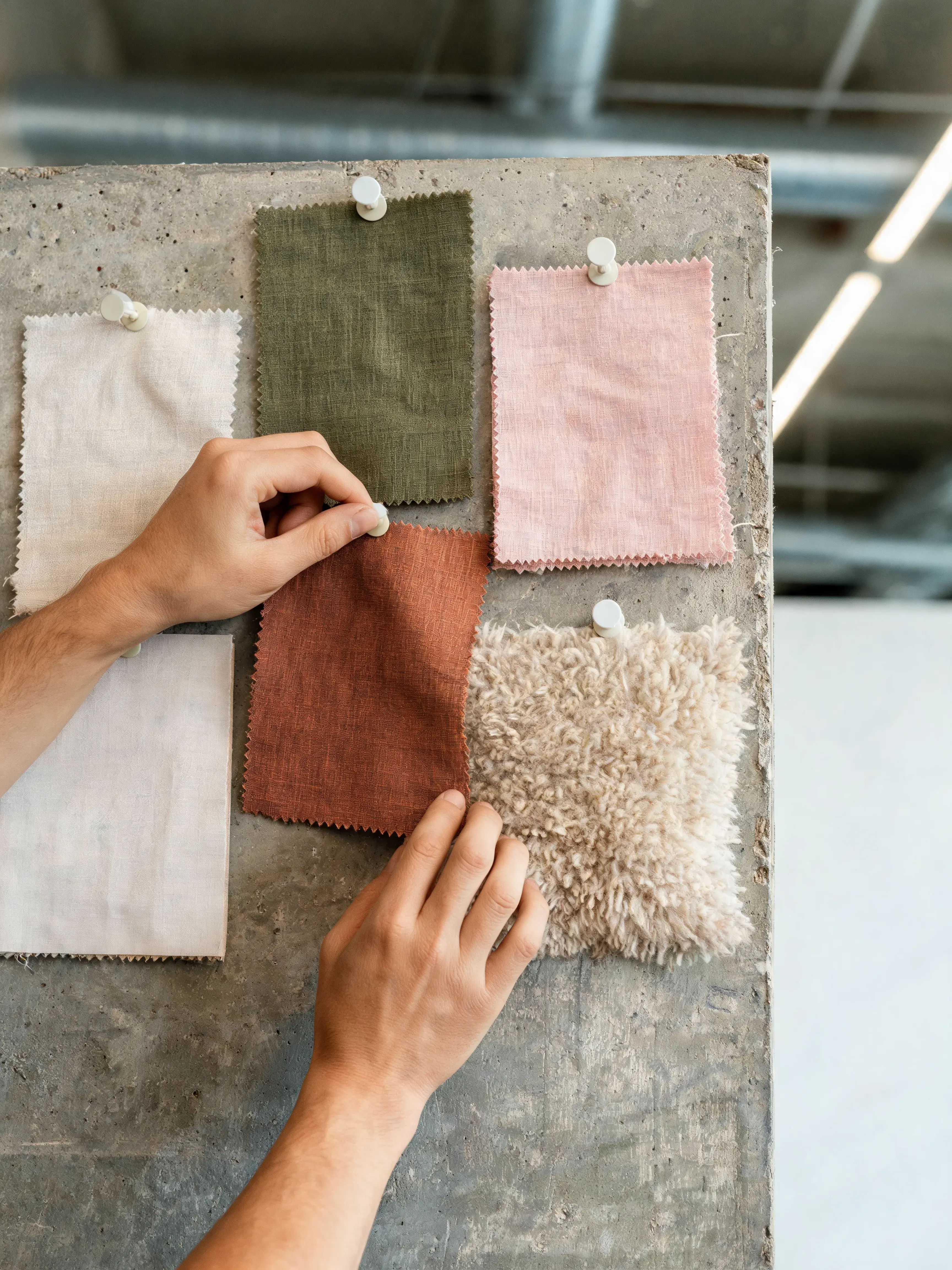 Mains épinglant échantillons tissu colorés sur mur béton – palette matières, atelier mode