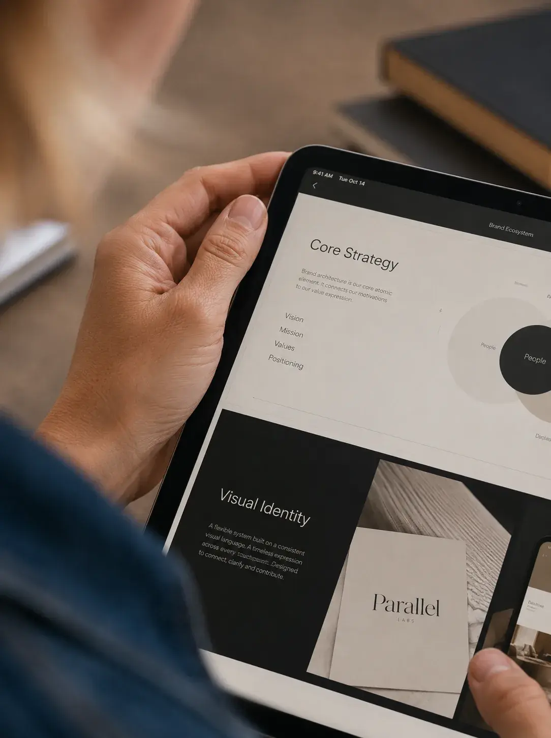 Mains et tablette – présentation stratégie de marque, fond bois