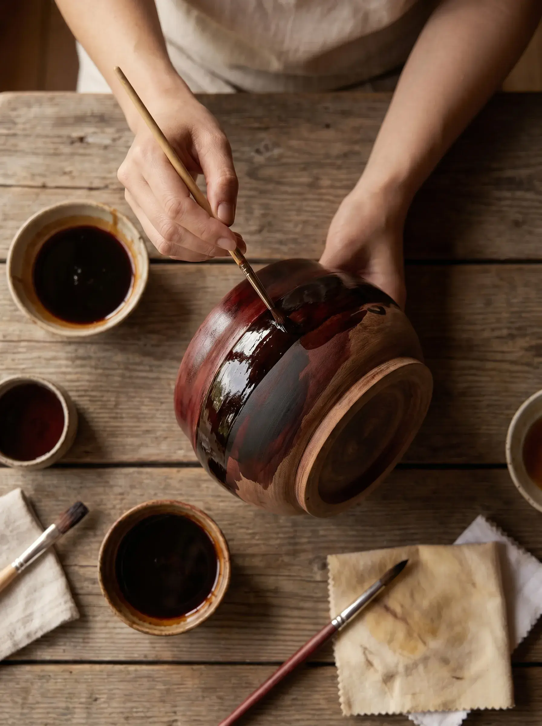 Mains féminines appliquant une laque bordeaux avec pinceau sur un bol en céramique, bols de laque et pinceaux sur table bois