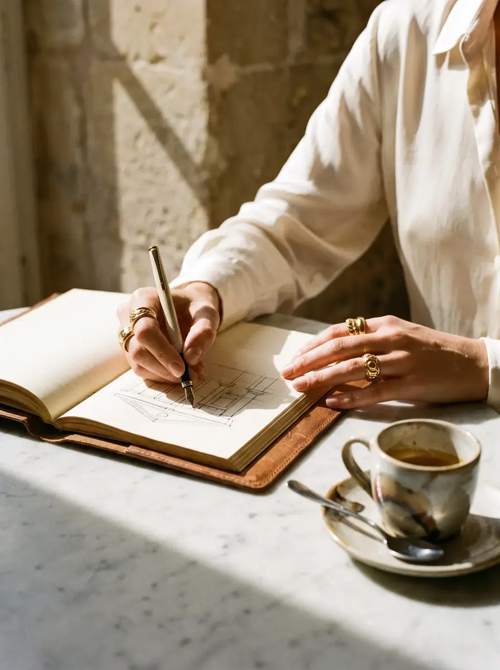 Mains féminines écrivant dans un carnet en cuir avec un café