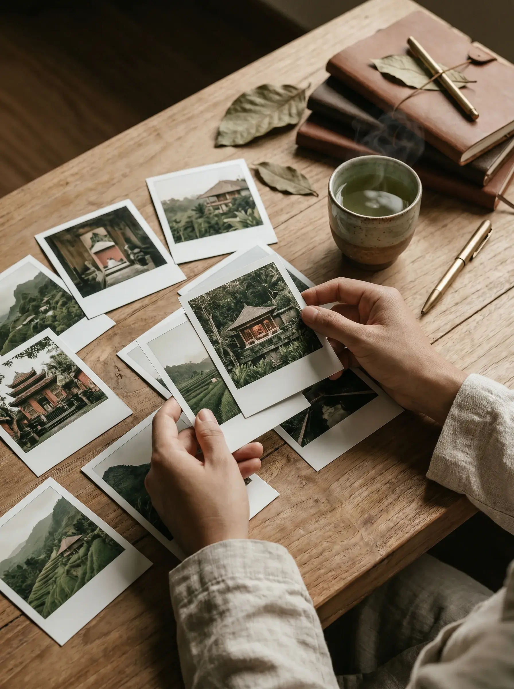 Mains féminines feuilletant tirages polaroid de voyage asiatique – tasse thé vert, carnets, table bois