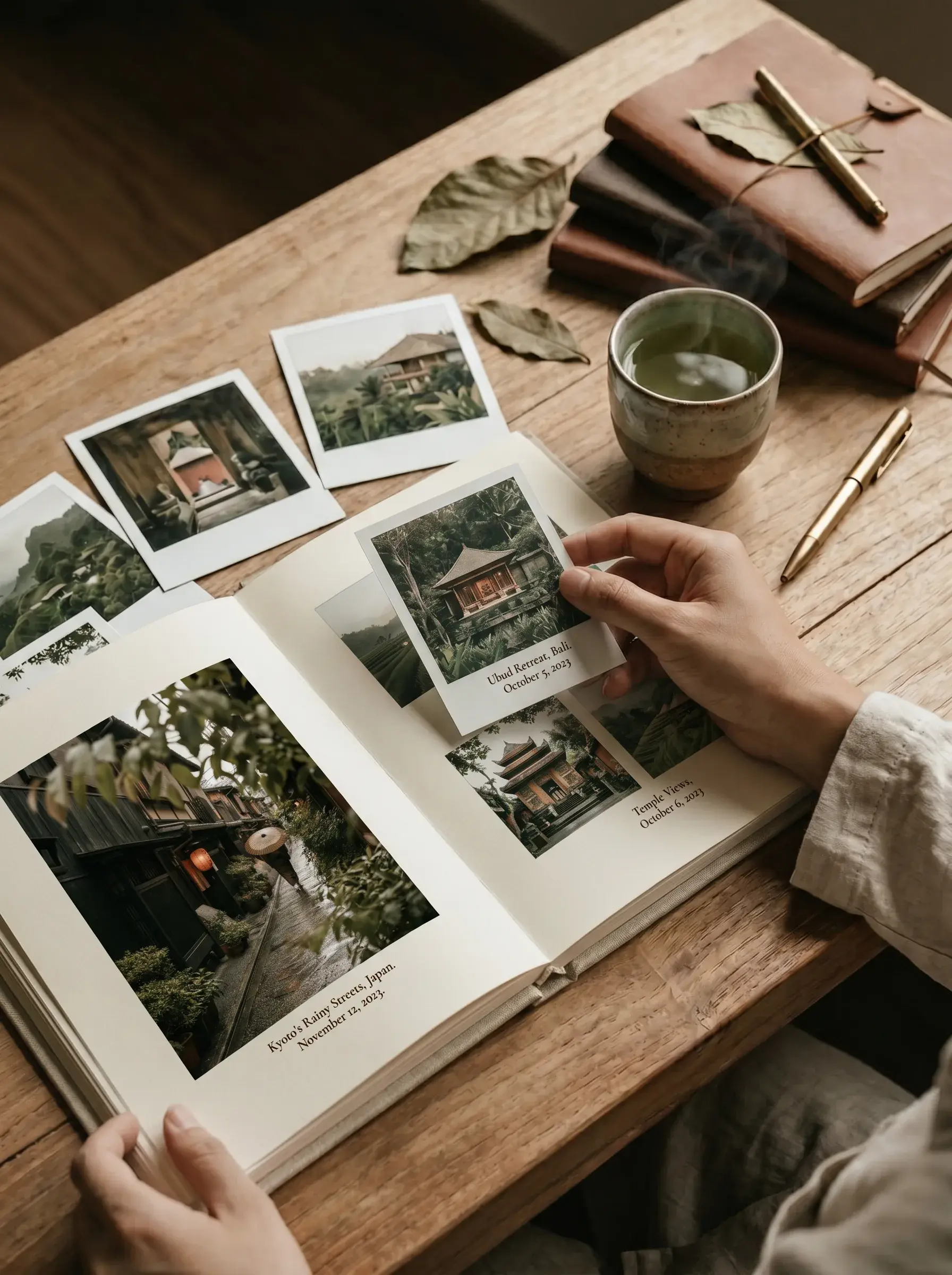 Mains feuilletant un album photo de voyage (Ubud, temples Bali) avec polaroids et tasse de thé vert sur table bois, carnets en fond