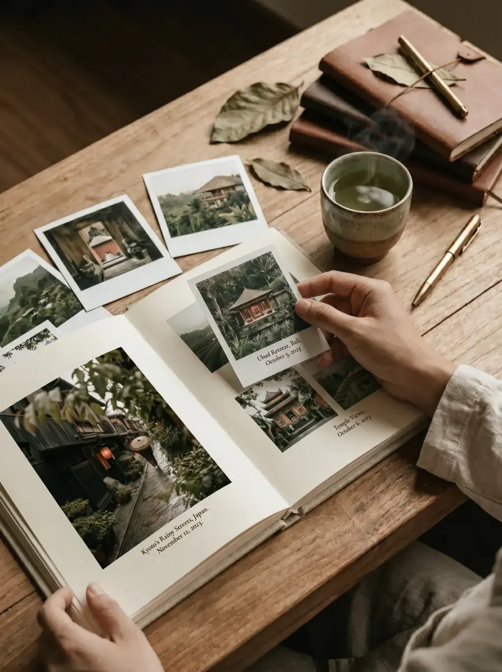Mains feuilletant un album photo de voyage (Ubud, temples Bali) avec polaroids et tasse de thé vert sur table bois, carnets en fond