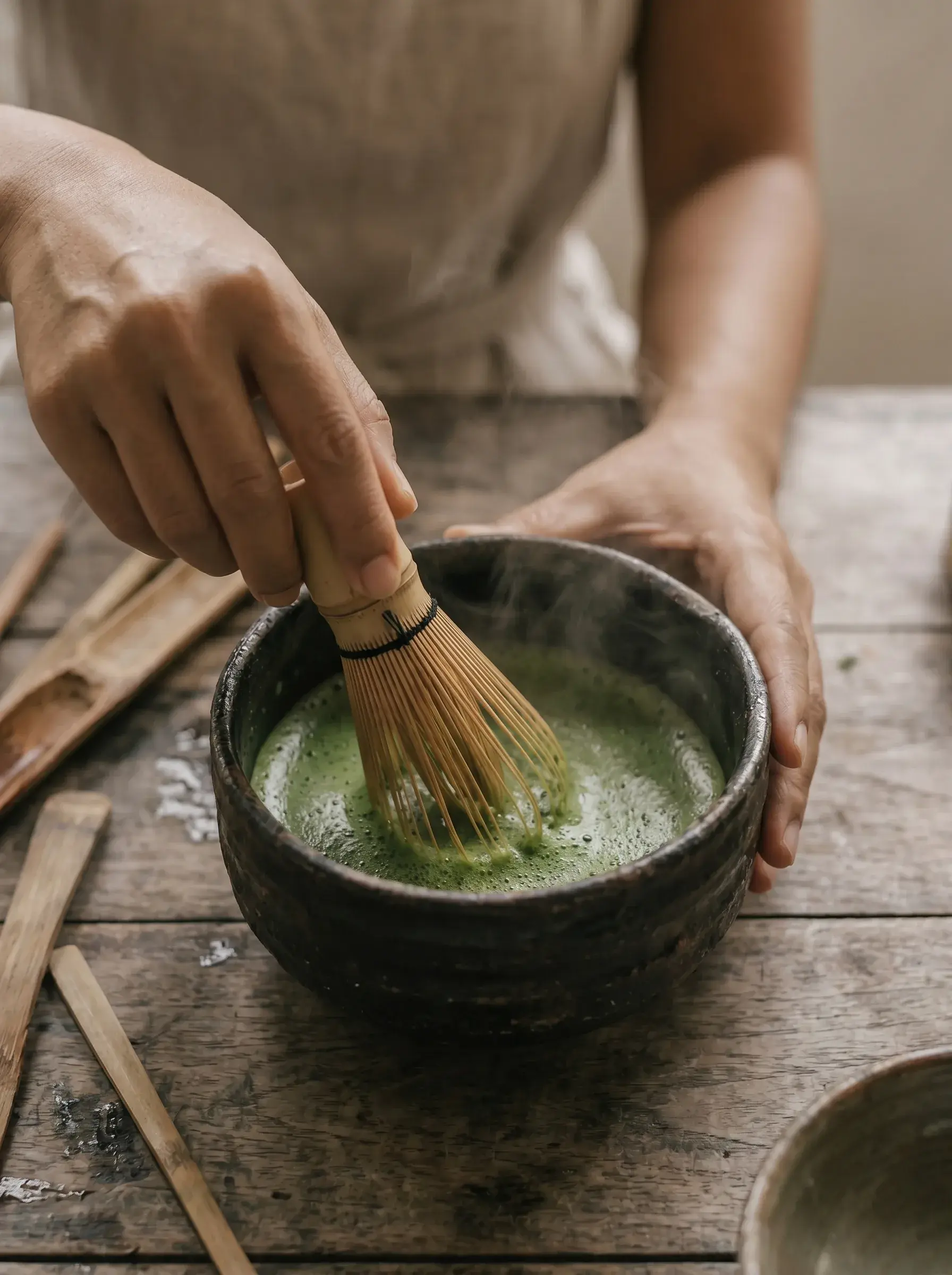 Mains fouettant du matcha vert vif dans un bol en grès sombre avec chasen bambou, vapeur légère sur table bois