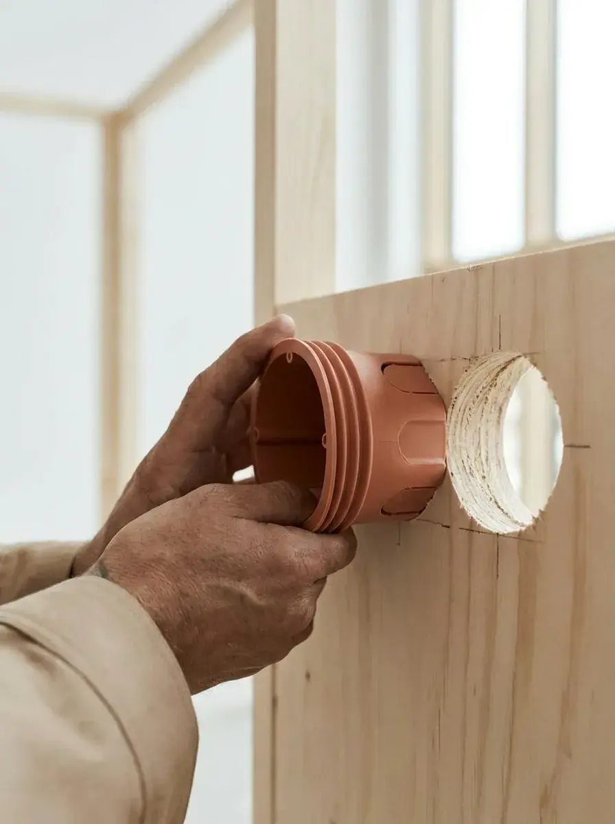 Mains insérant un boîtier d'encastrement terracotta dans un trou de scie cloche sur du contreplaqué