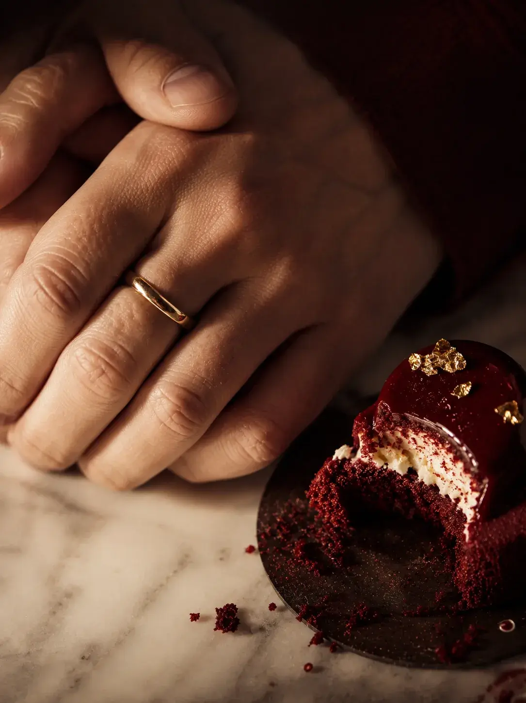 Mains masculines avec bague or posées près d'entremets rouge tranché – table marbre, intime