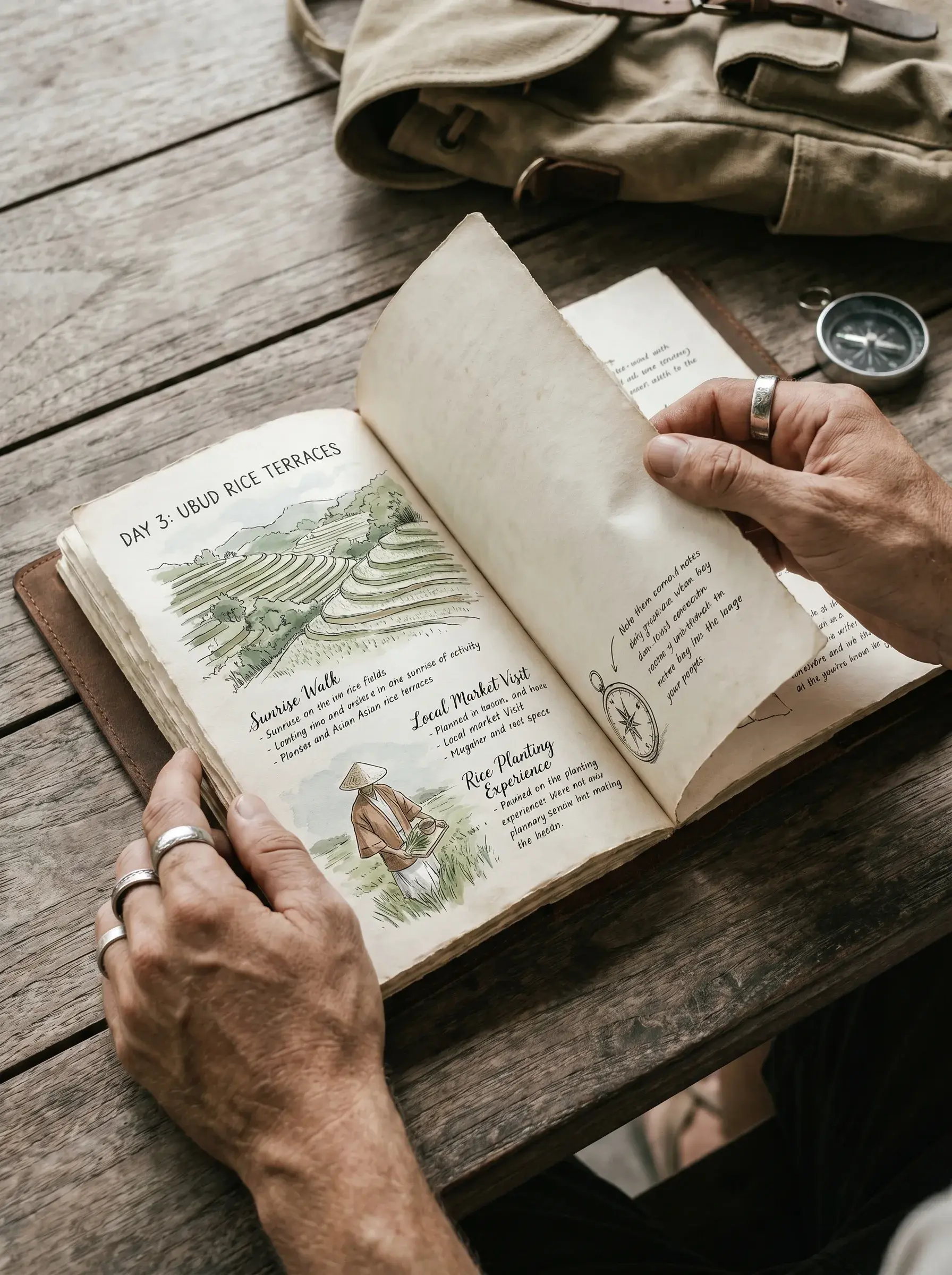 Mains masculines feuilletant journal de voyage illustré – boussole, sac à dos, table bois extérieure