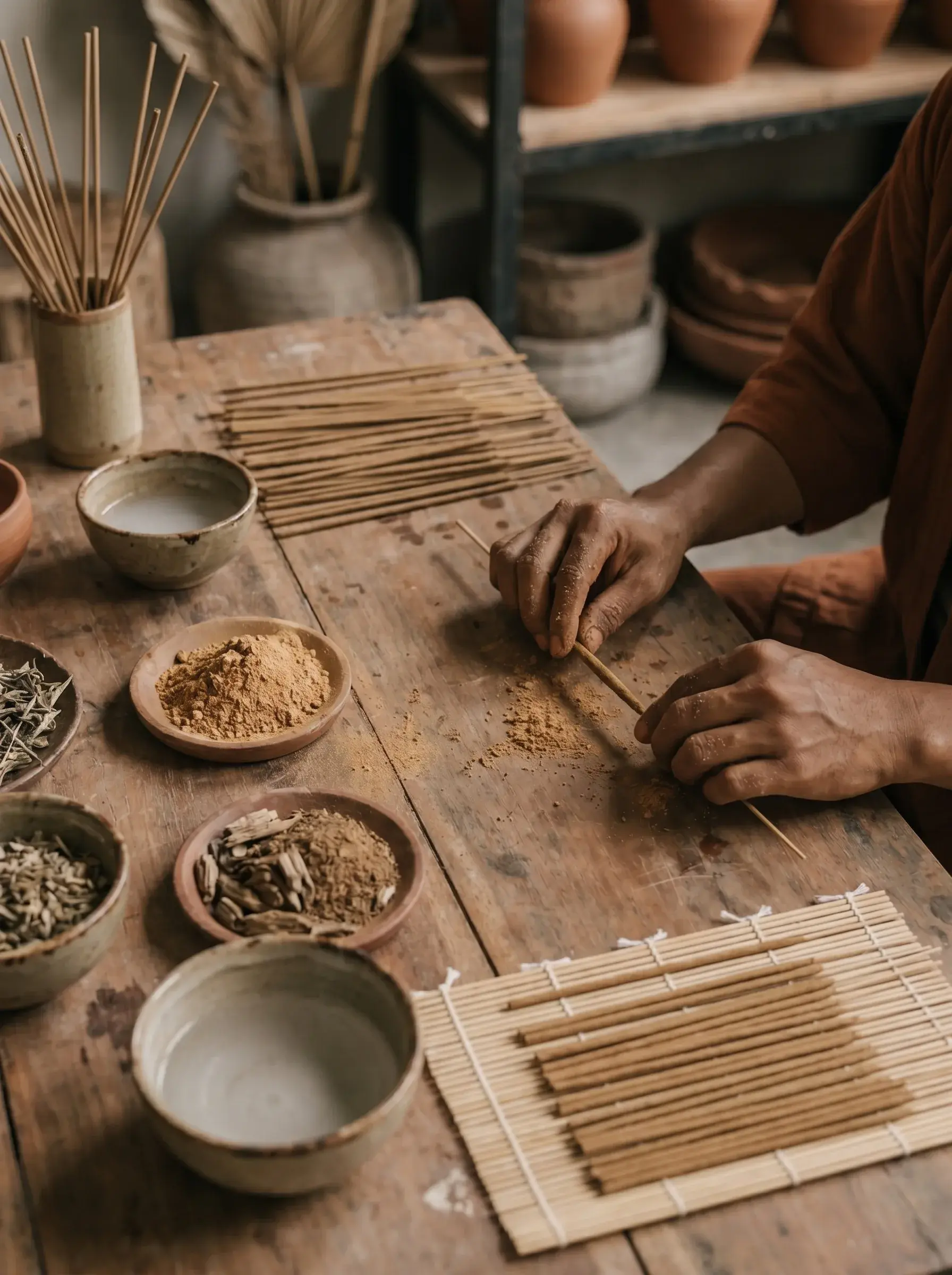 Mains masculines roulant des bâtons d'encens sur table bois rustique entourée de bols d'épices et poudres aromatiques