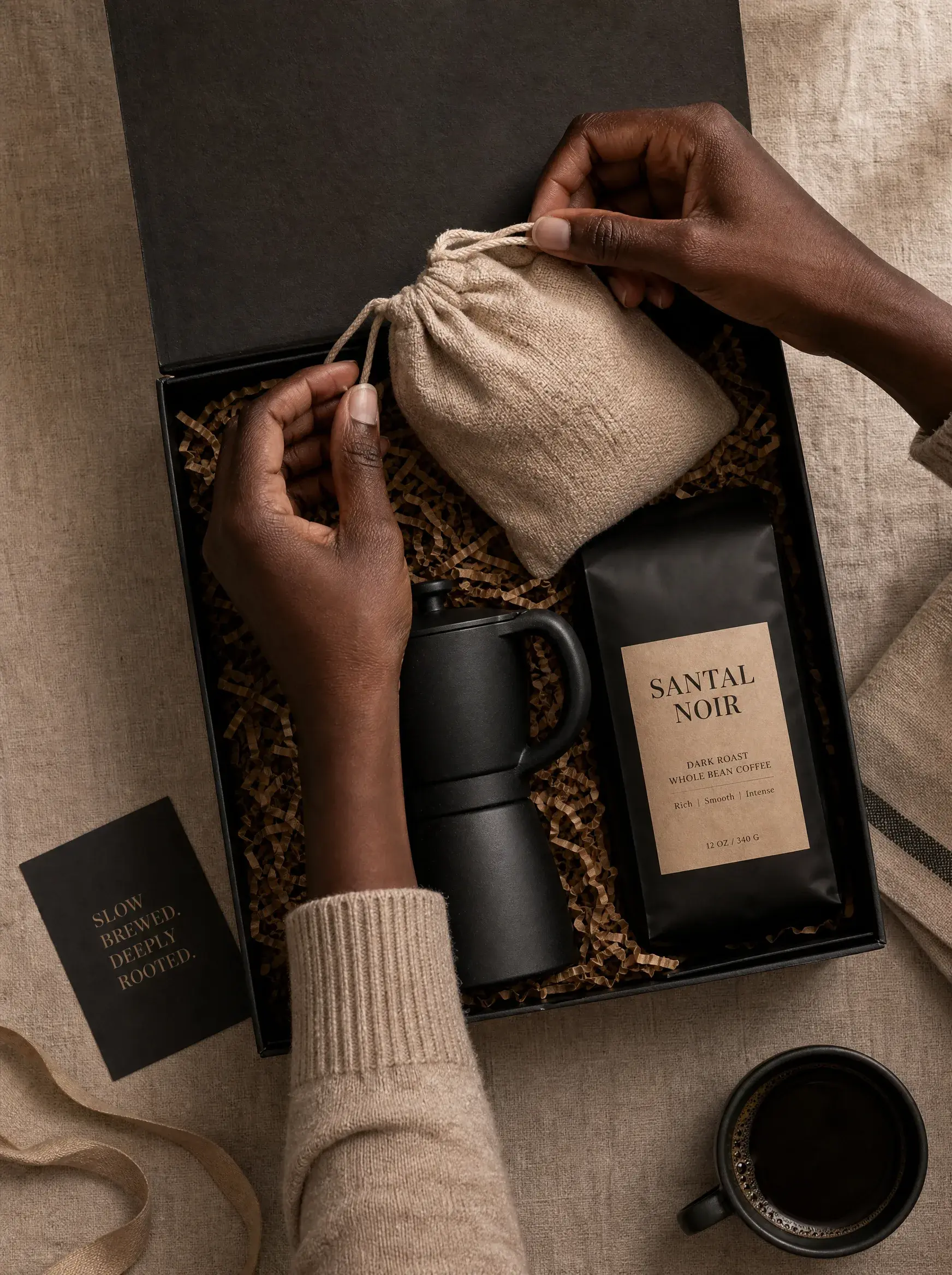 Mains ouvrant coffret cadeau café artisanal – sachet kraft, sac jute, mug noir, vue de dessus