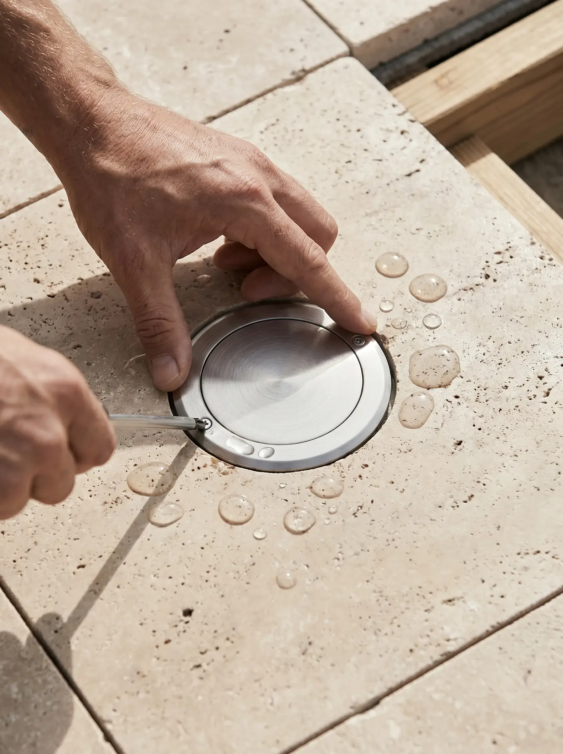 Mains ouvrant le couvercle d'une prise de sol ronde en inox sur un travertin mouillé