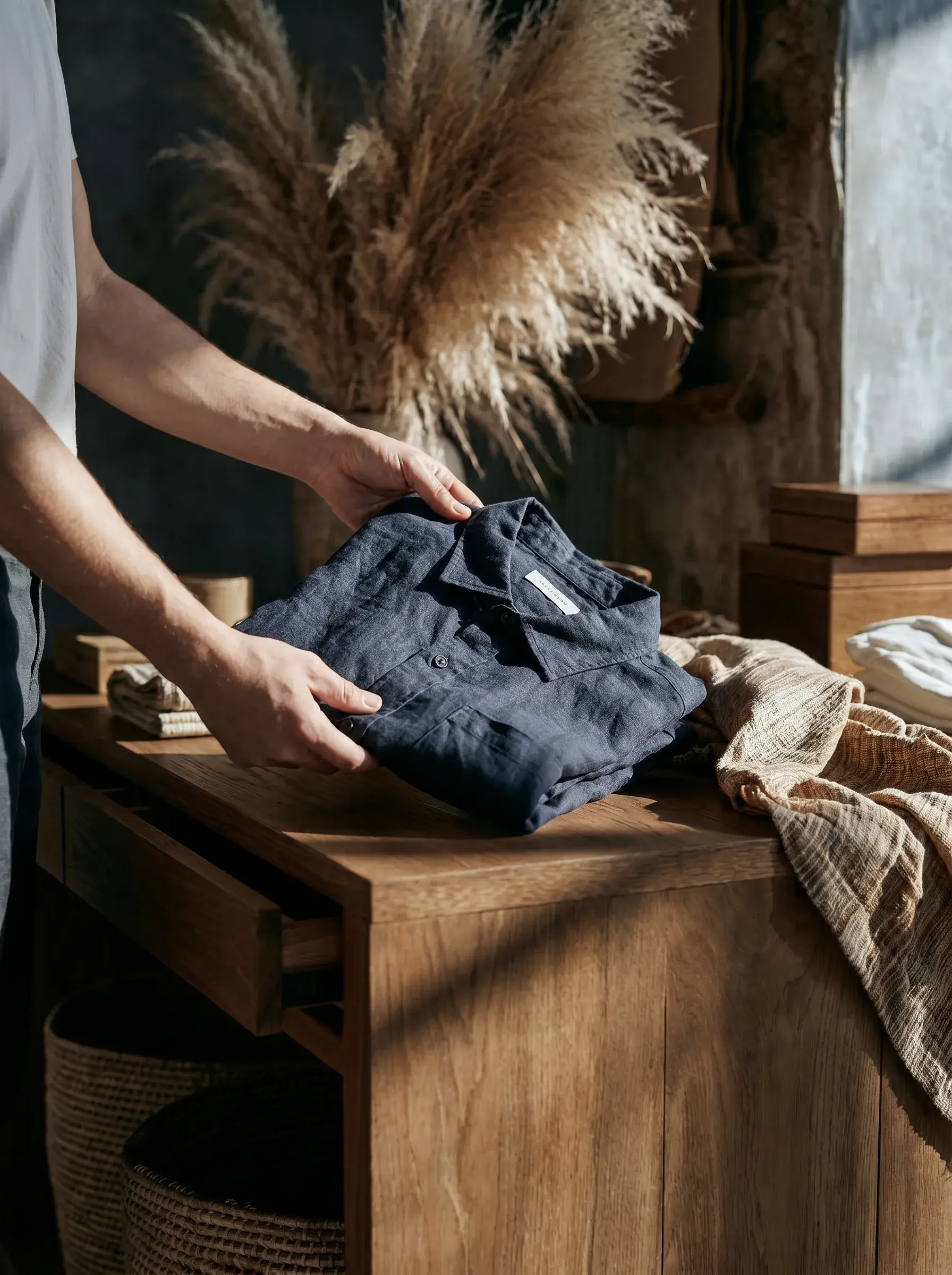 Mains pliant une chemise en lin marine sur un comptoir en bois dans une boutique