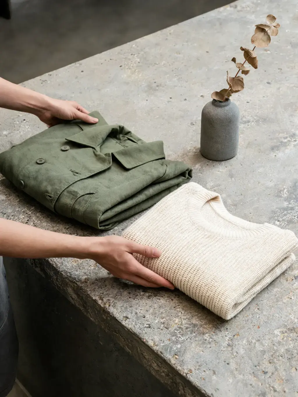 Mains pliant vêtements – chemise kaki et pull tricoté crème, comptoir granit, vase céramique