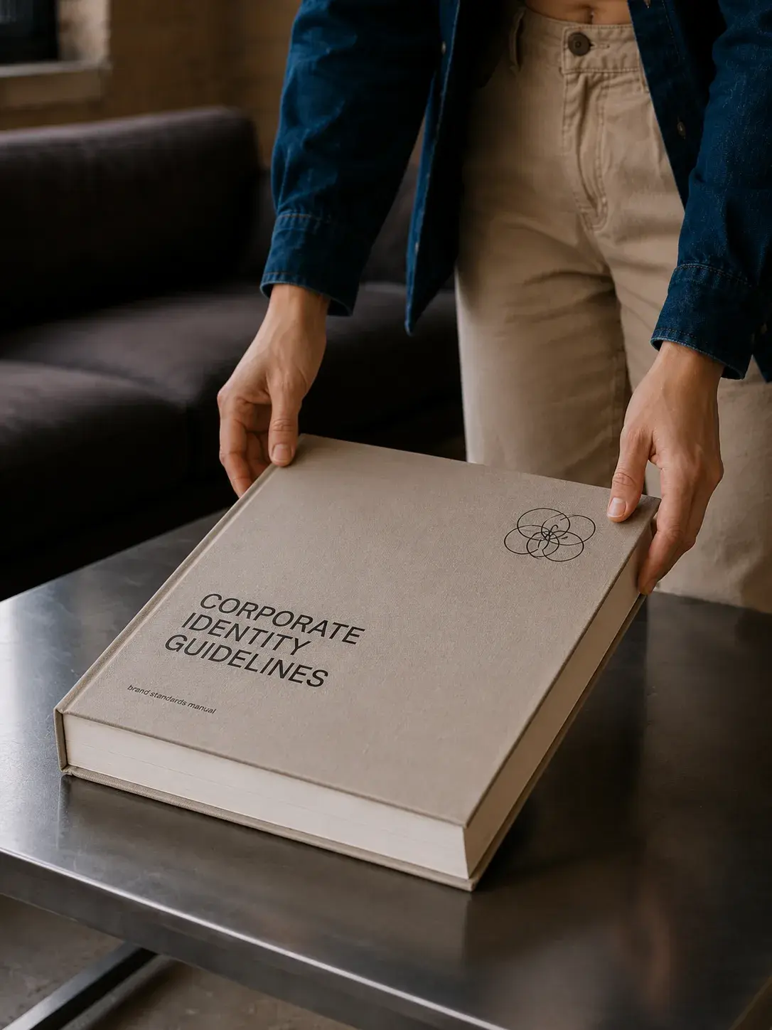 Mains posant un grand livre « Corporate Identity Guidelines » sur table basse métallique dans espace lounge de studio