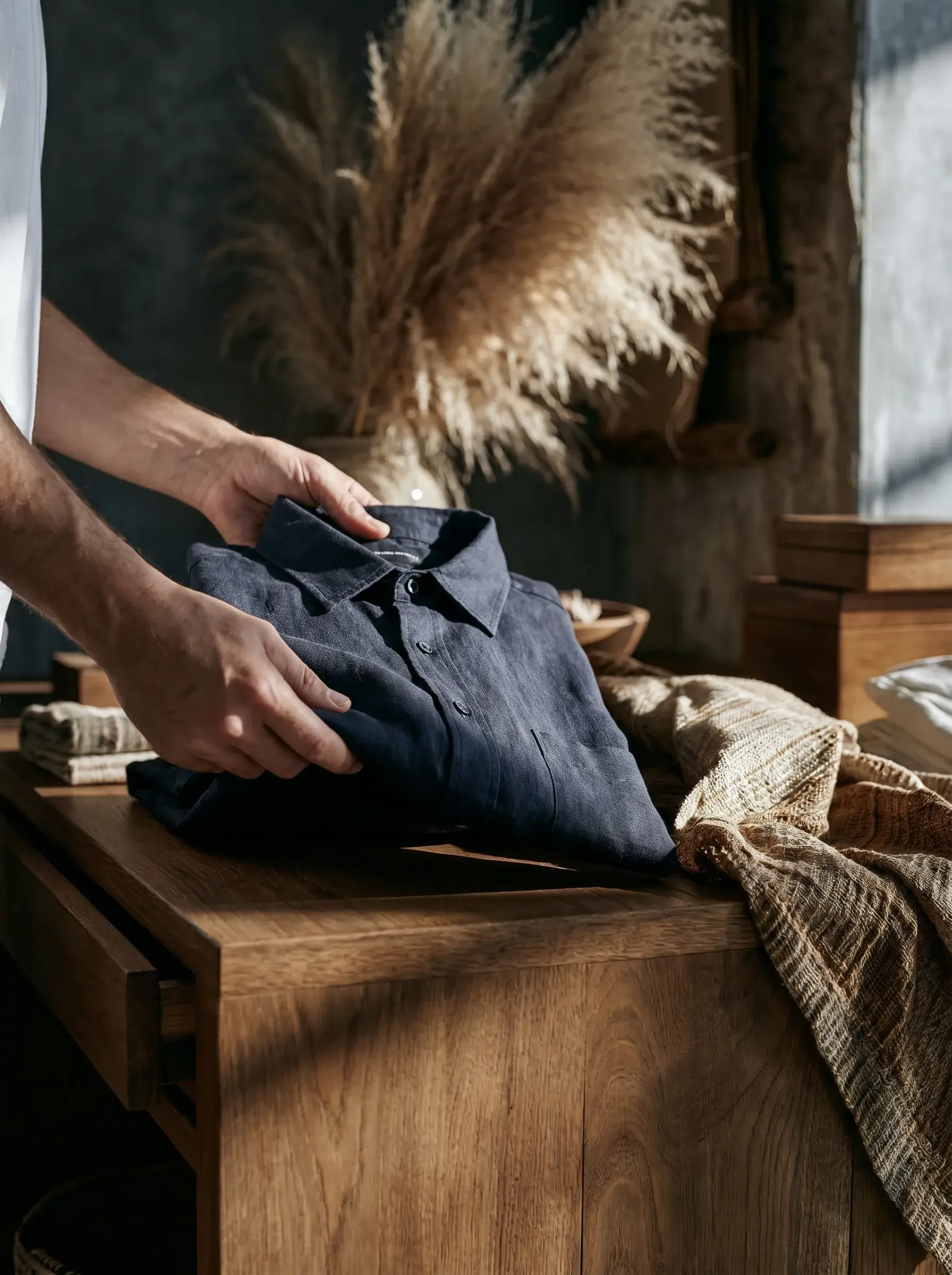 Mains présentant une chemise en lin sombre sur un comptoir en bois avec herbes séchées