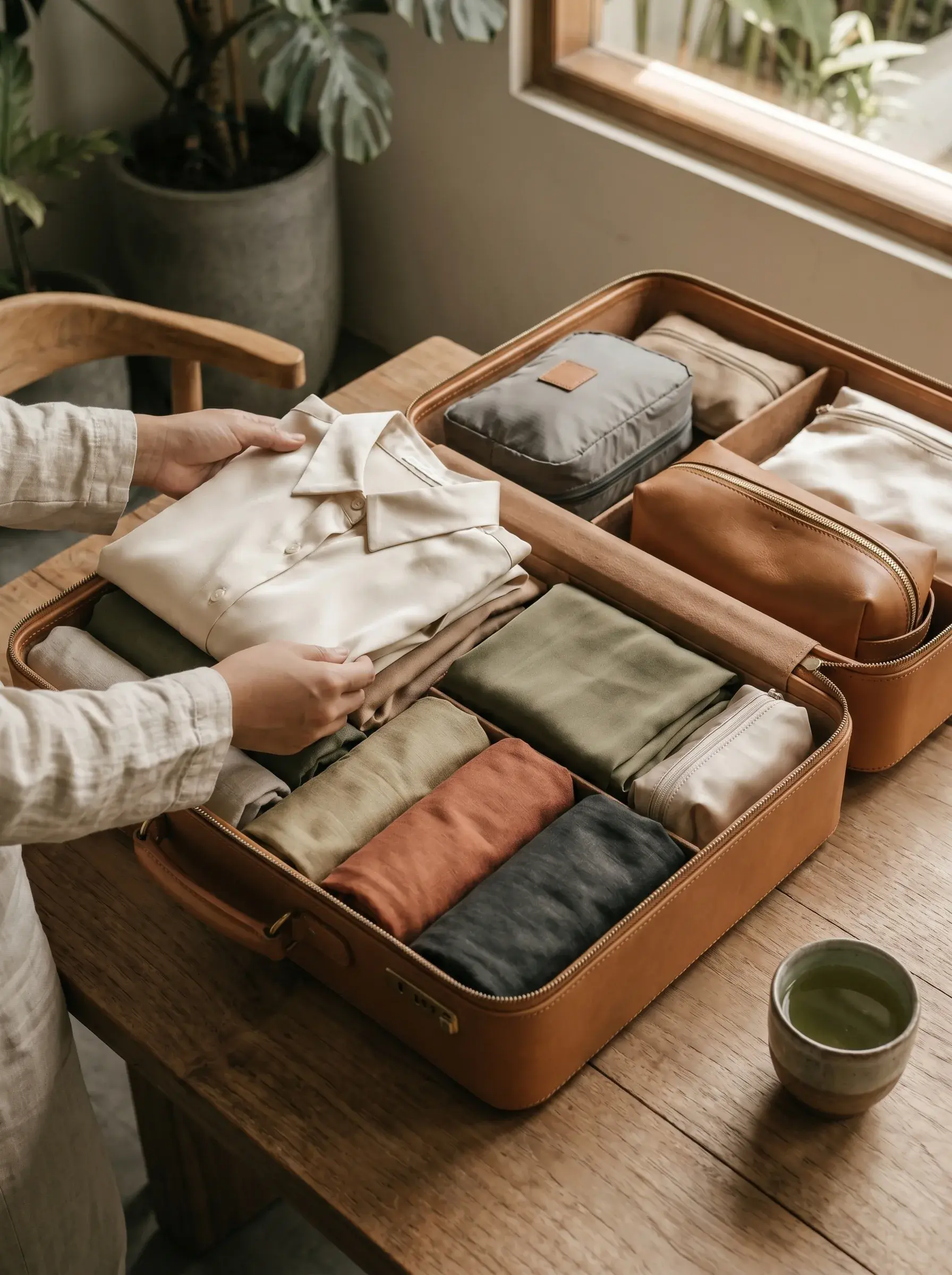 Mains rangeant dans une valise en cuir caramel des vêtements roulés colorés avec pochette cuir, plante et thé vert en fond