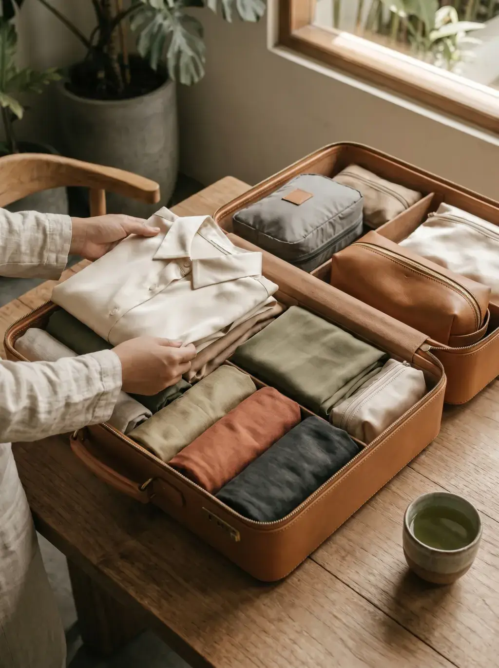 Mains rangeant dans une valise en cuir caramel des vêtements roulés colorés avec pochette cuir, plante et thé vert en fond