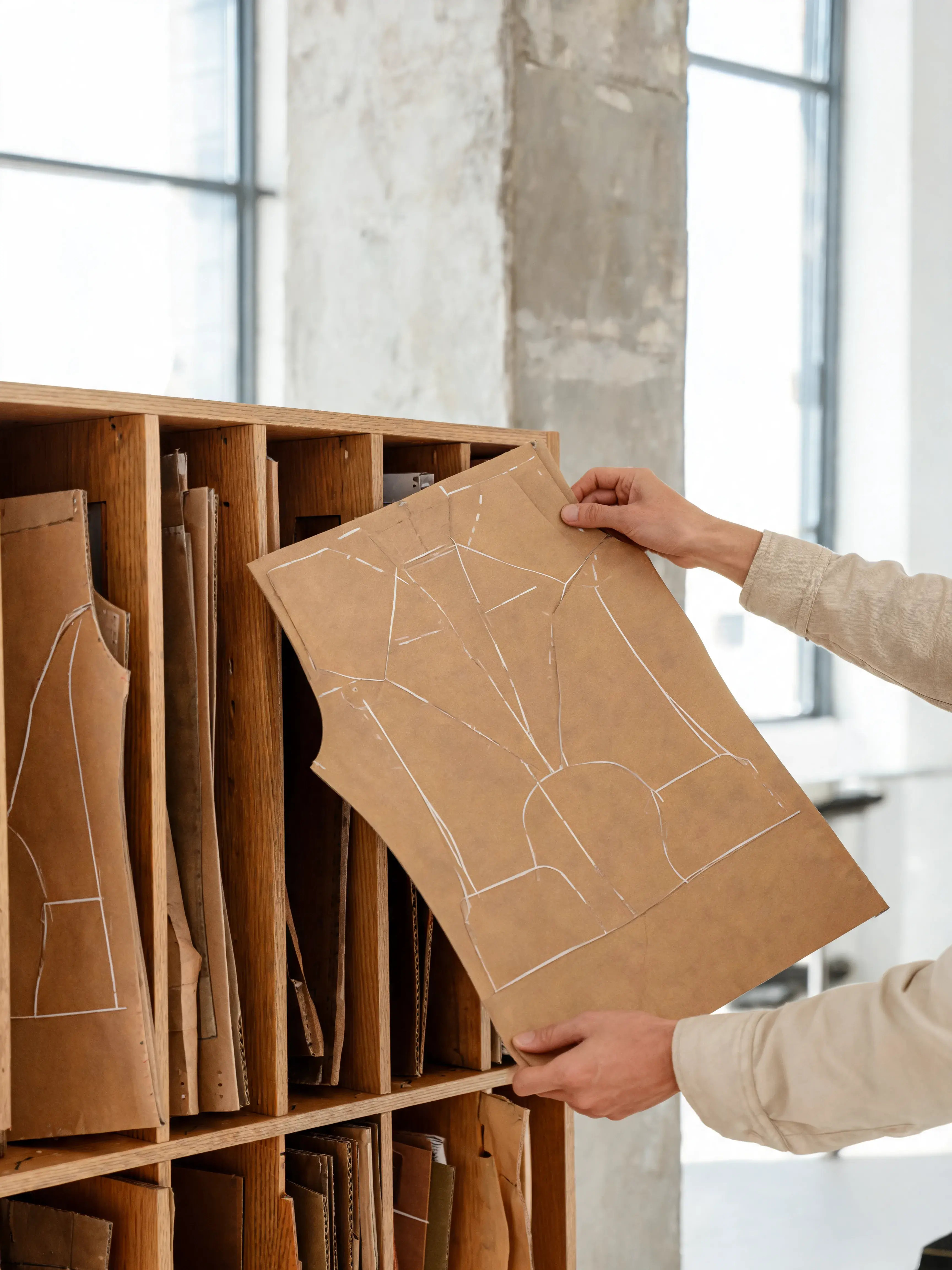 Mains rangeant patron couture papier kraft – casiers bois compartimentés, fenêtre loft fond