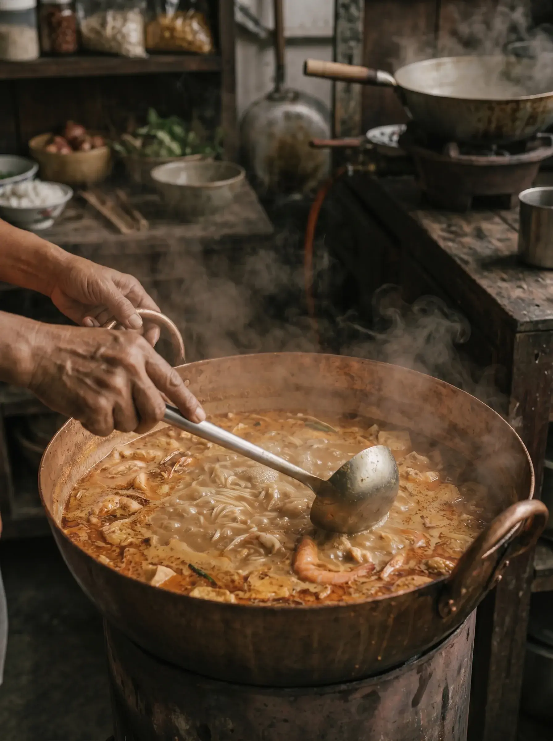Mains remuant avec louche un grand wok de bouillon asiatique fumant sur cuisinière rustique, cuisine de rue en fond