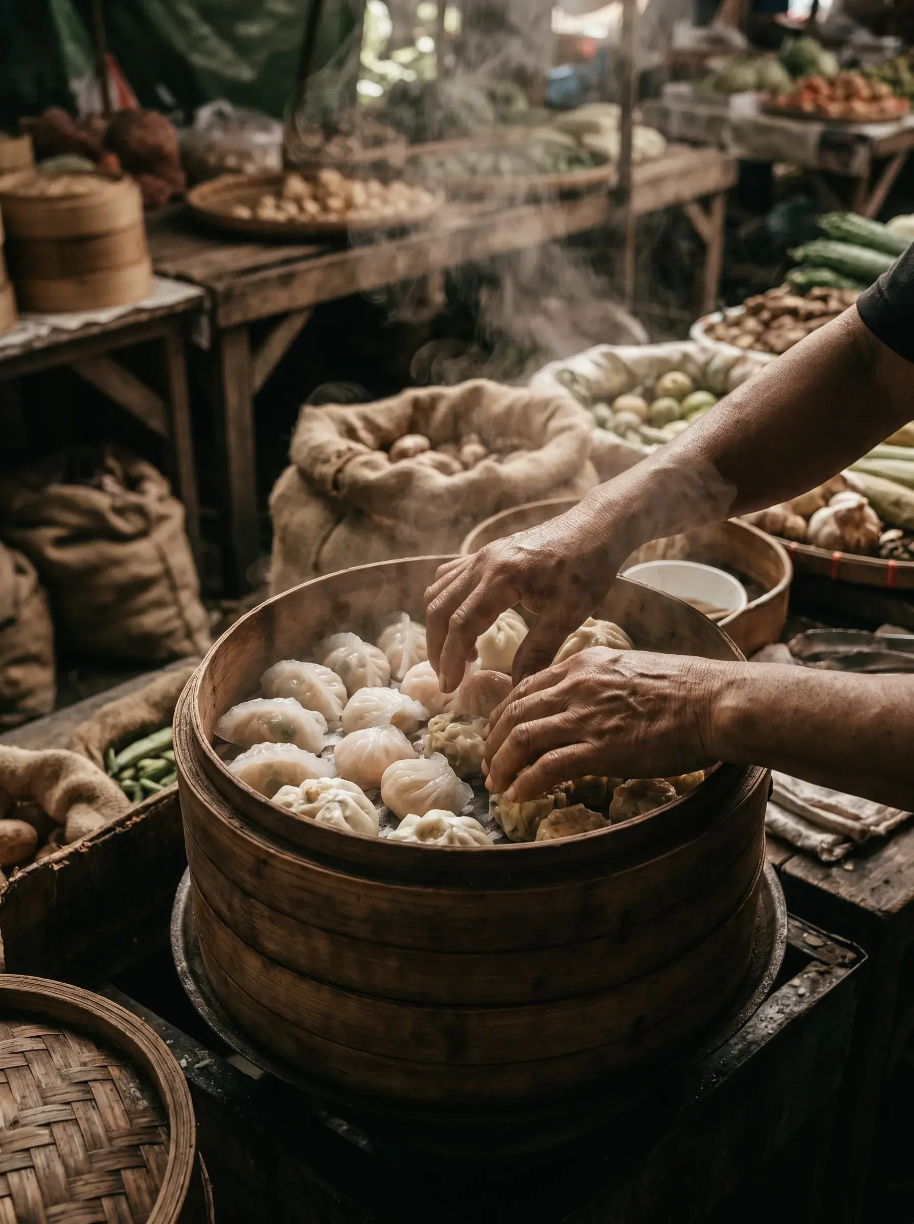 Mains saisissant dim sum dans panier vapeur bambou – marché animé, légumes, épices, Asie