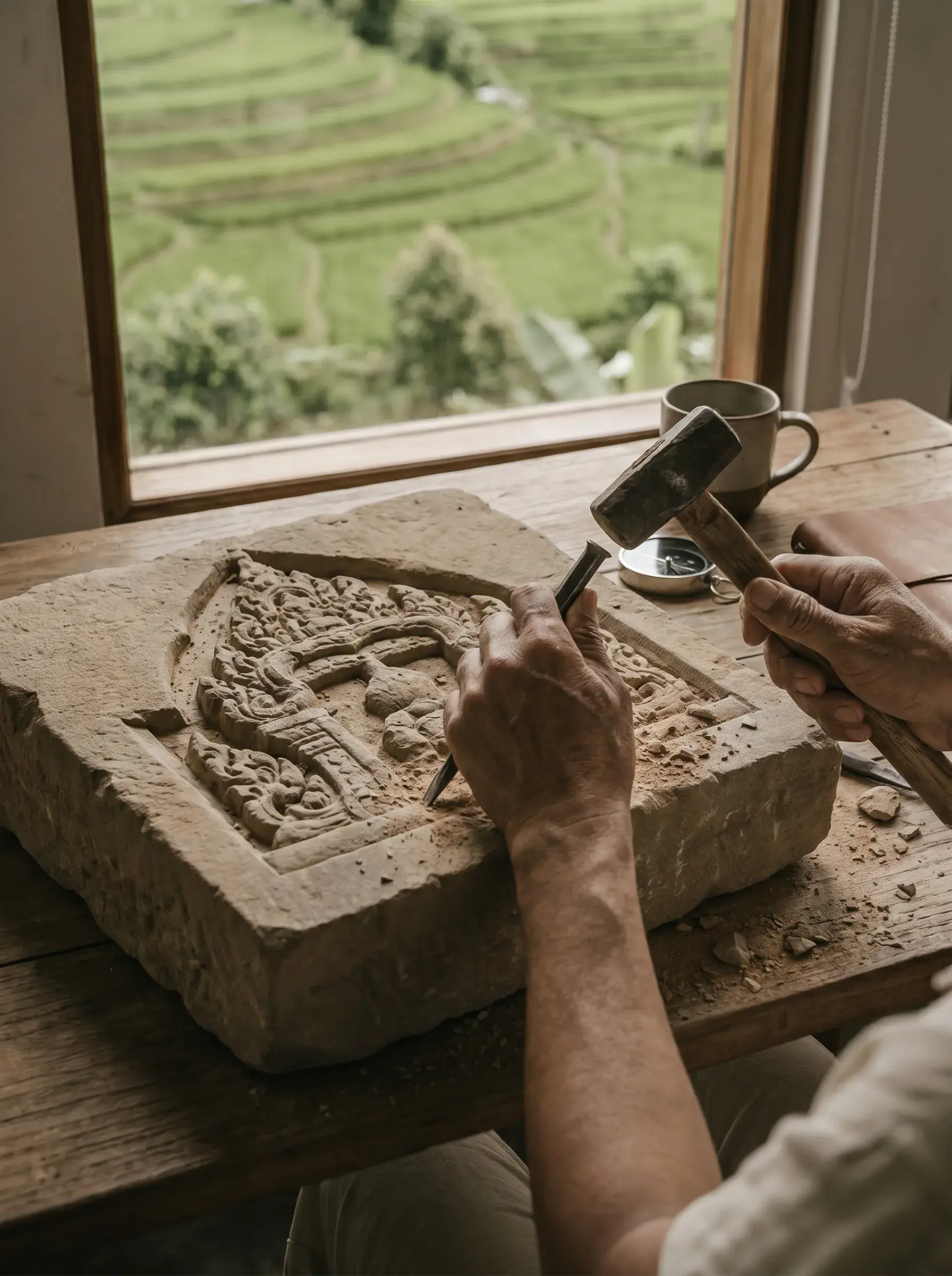 Mains sculptant un bas-relief de divinité hindoue dans un bloc de grès sur table bois, fenêtre donnant sur rizières vertes en terrasses