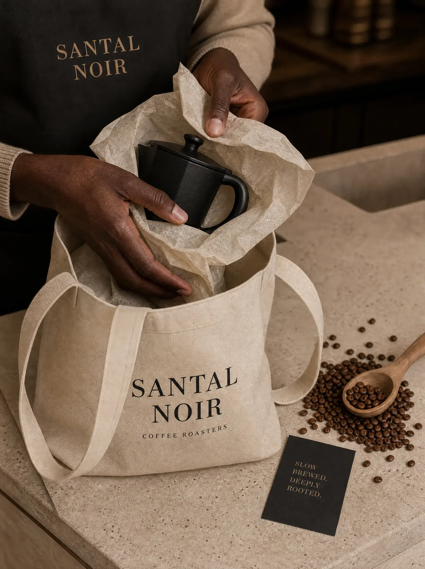 Mains sortant cafetière moka d'un tote bag artisanal – grains café, cuillère bois, comptoir pierre
