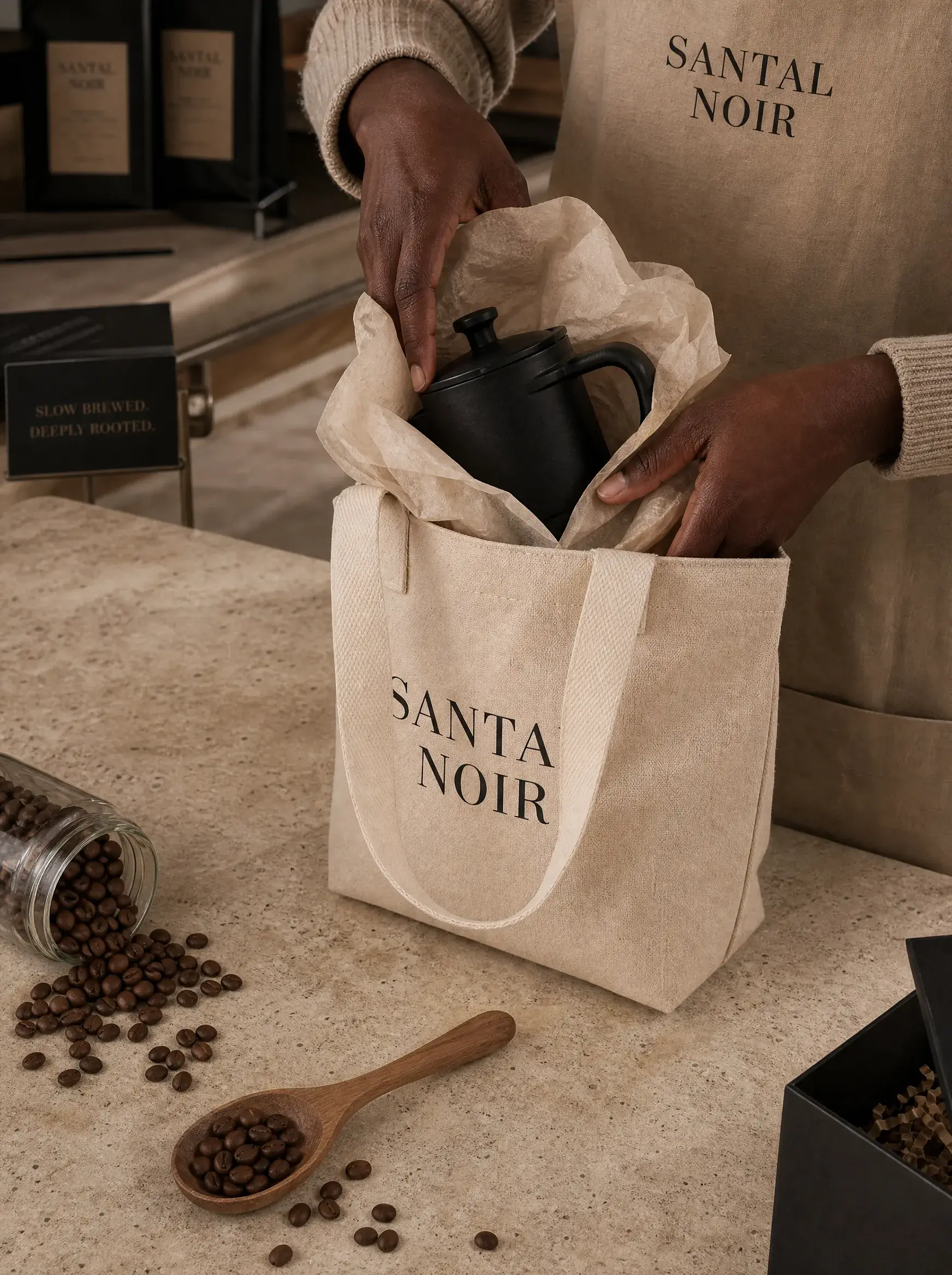 Mains sortant cafetière moka de tote bag artisanal – grains renversés, cuillère bois, comptoir
