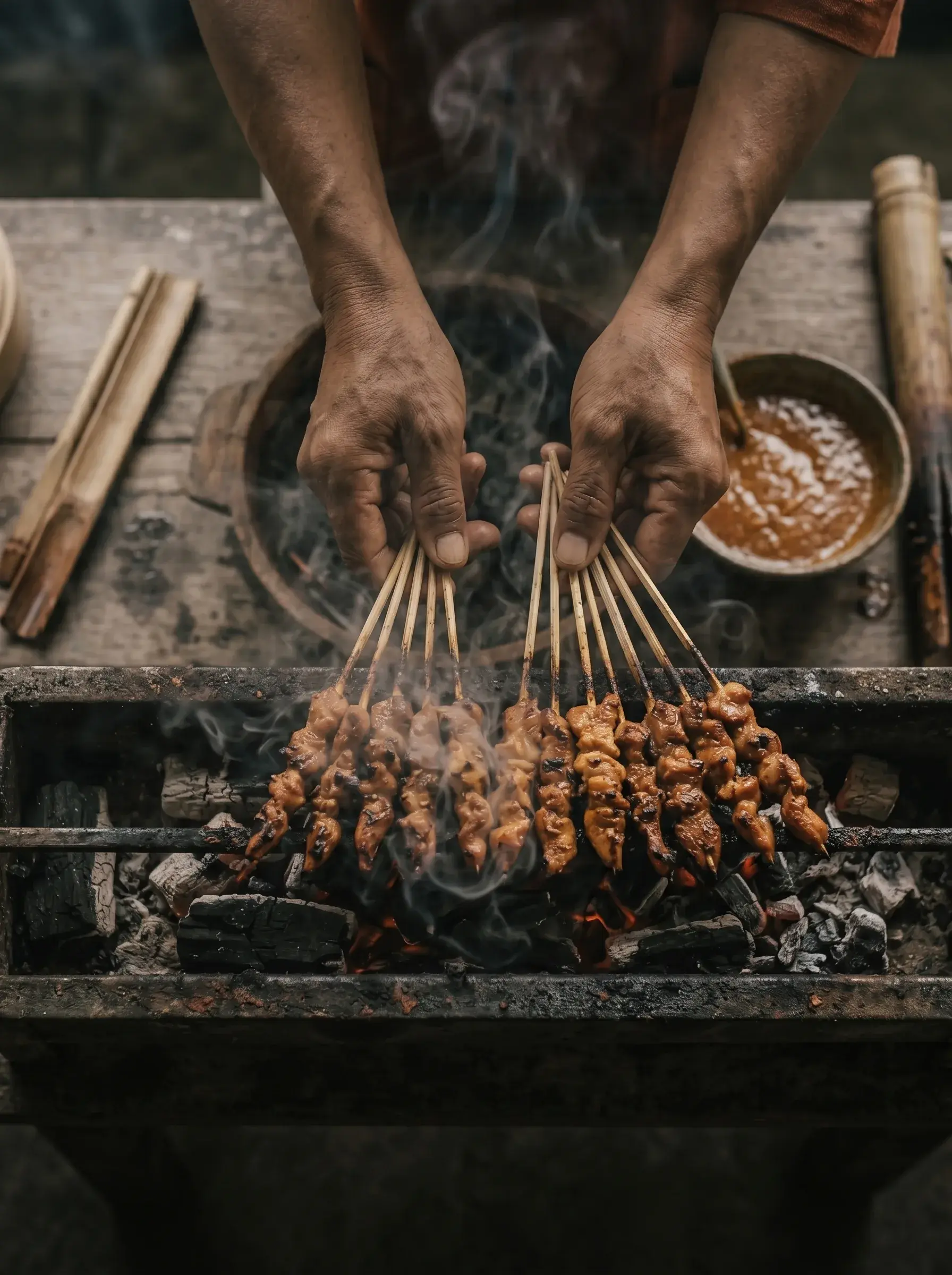 Mains tenant des brochettes de sate sur gril à charbon fumant avec bol de sauce cacahuète, street food asiatique