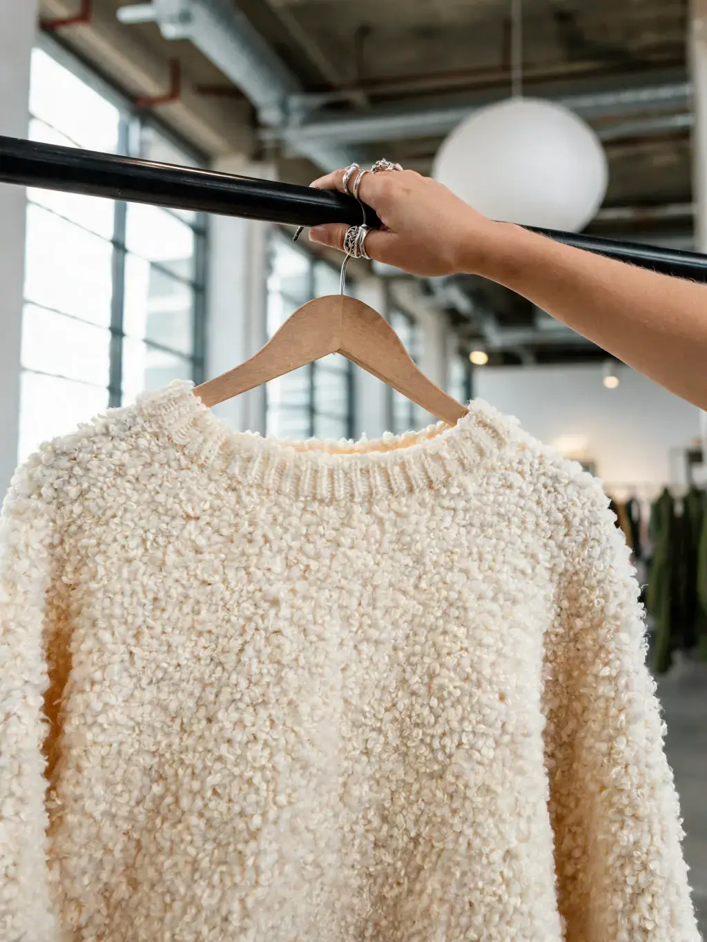 Mains tenant pull bouclé beige sur cintre