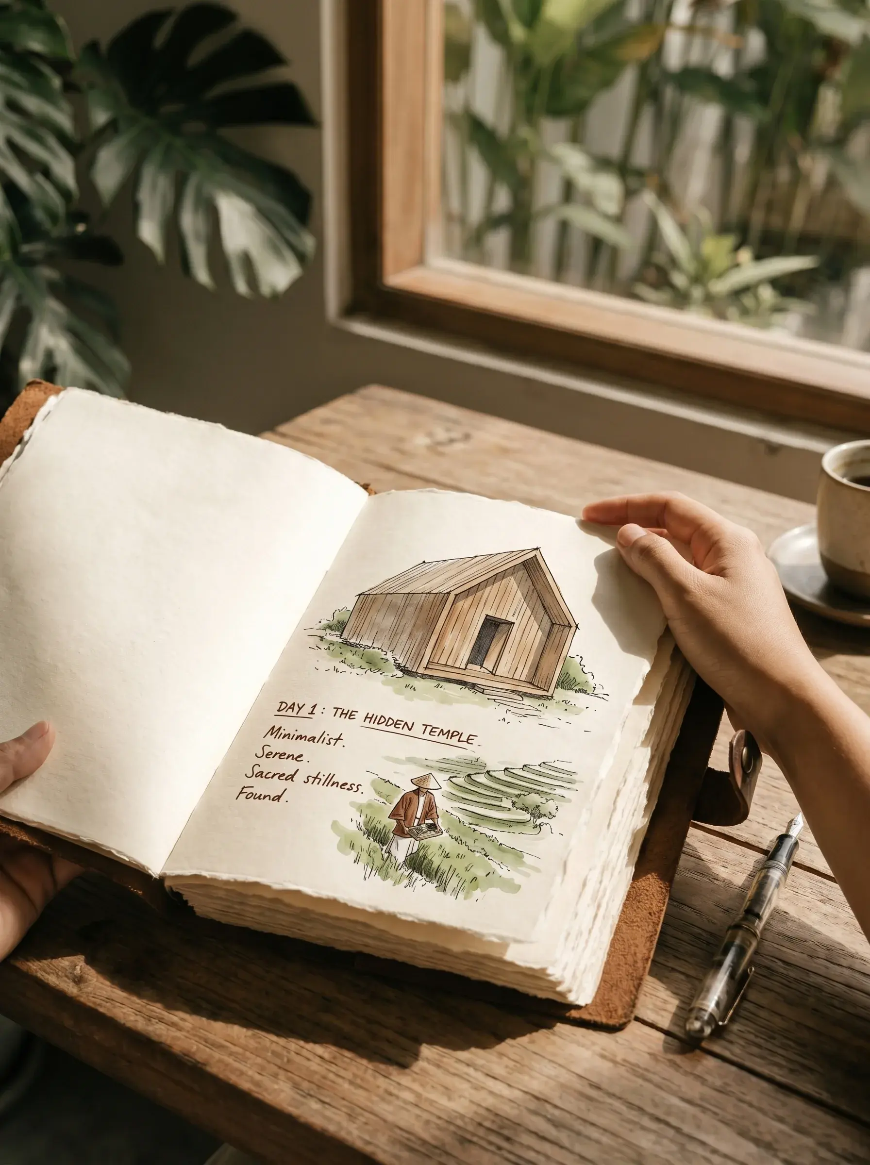 Mains tenant un carnet de voyage ouvert sur aquarelle « Day 1 : The Hidden Temple » avec dessin d'un bâtiment bois dans rizières, café et plantes en fond