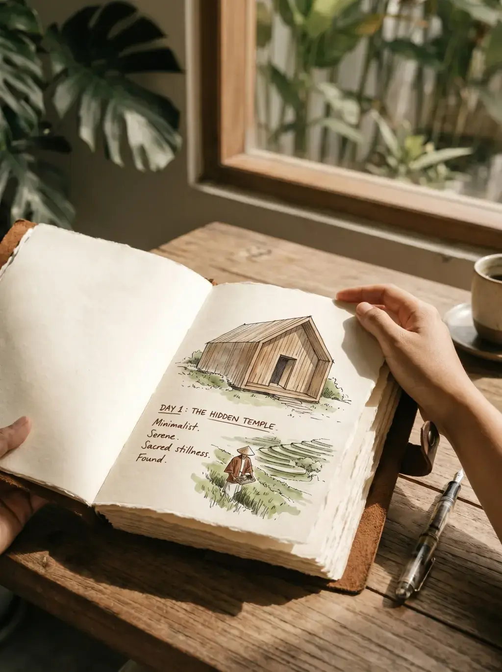 Mains tenant un carnet de voyage ouvert sur aquarelle « Day 1 : The Hidden Temple » avec dessin d'un bâtiment bois dans rizières, café et plantes en fond