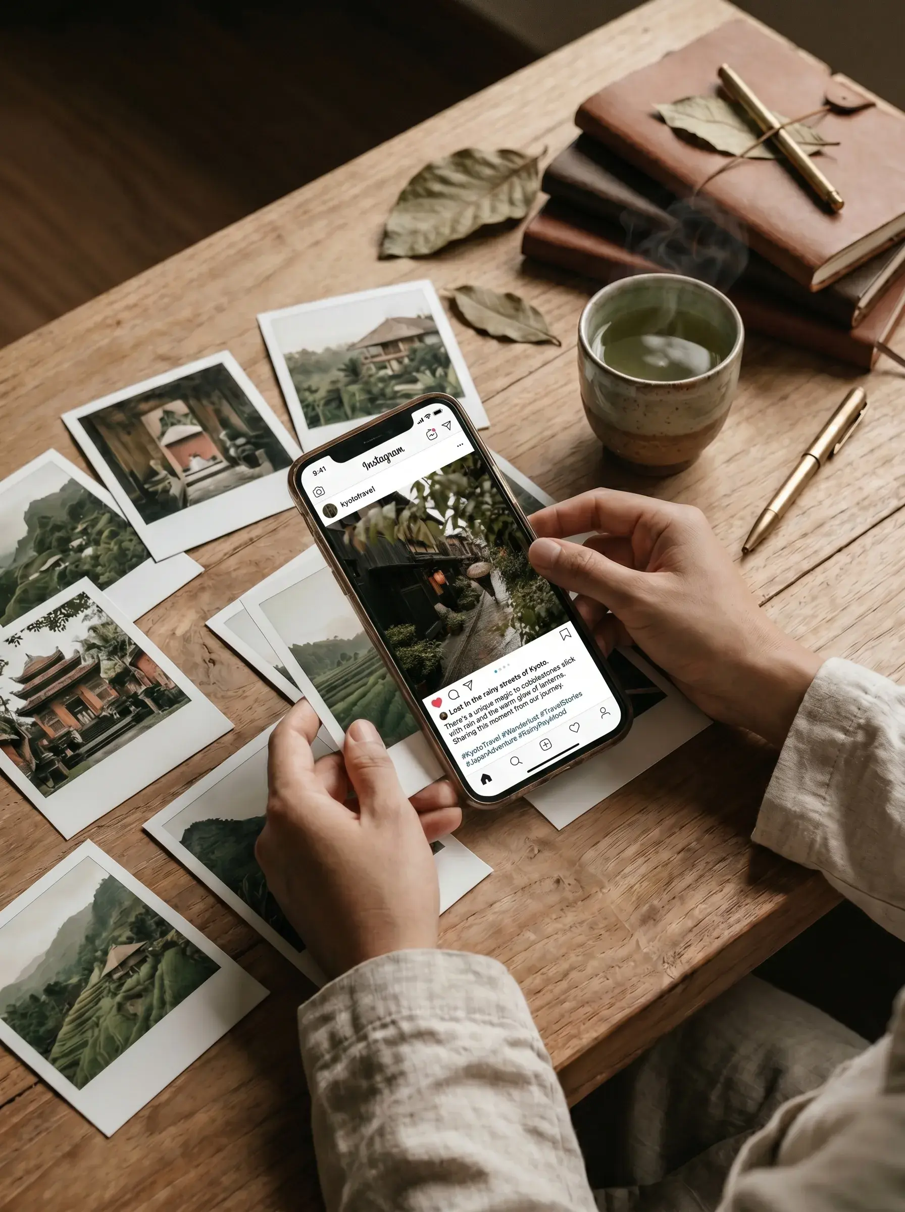 Mains tenant un smartphone avec Instagram ouvert, photos de Bali et Kyoto, polaroids et carnet de voyage sur table bois, thé vert